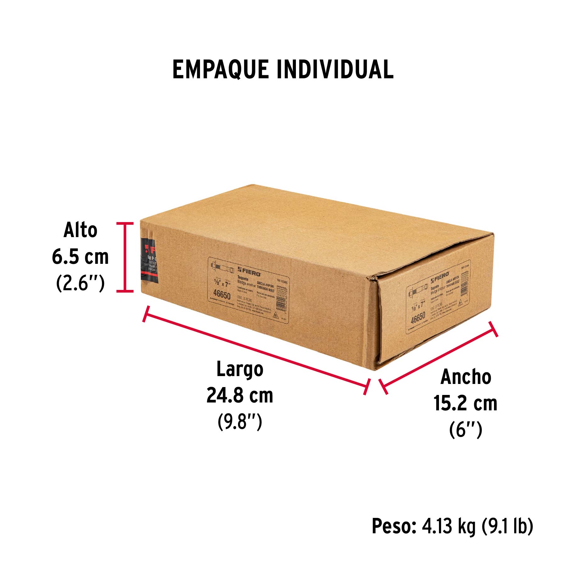 Caja con 25 taquetes arpón de 1/2" x 7", FIERO - Empaque