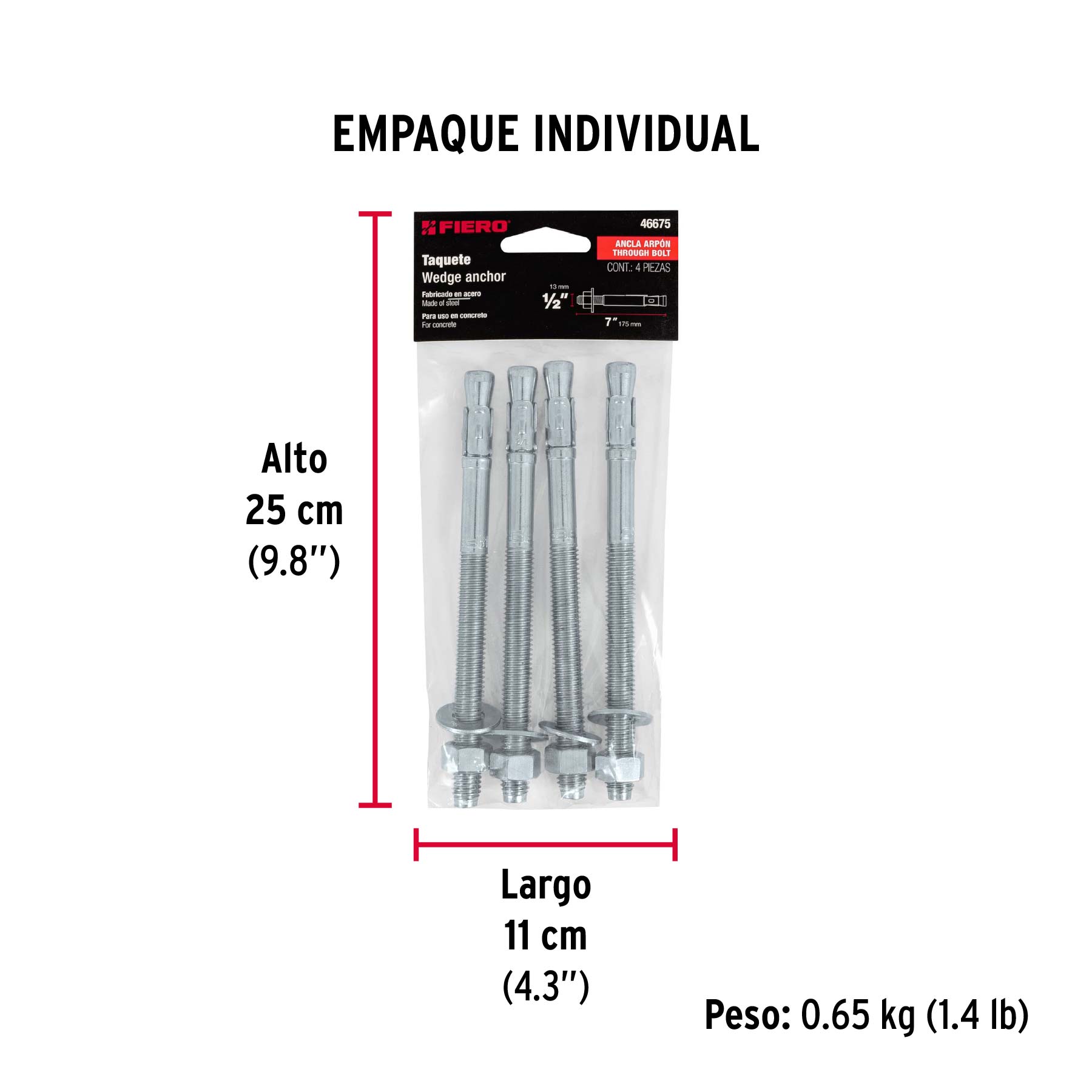 Bolsa con 4 taquetes arpón 1/2" x 7", FIERO - Empaque
