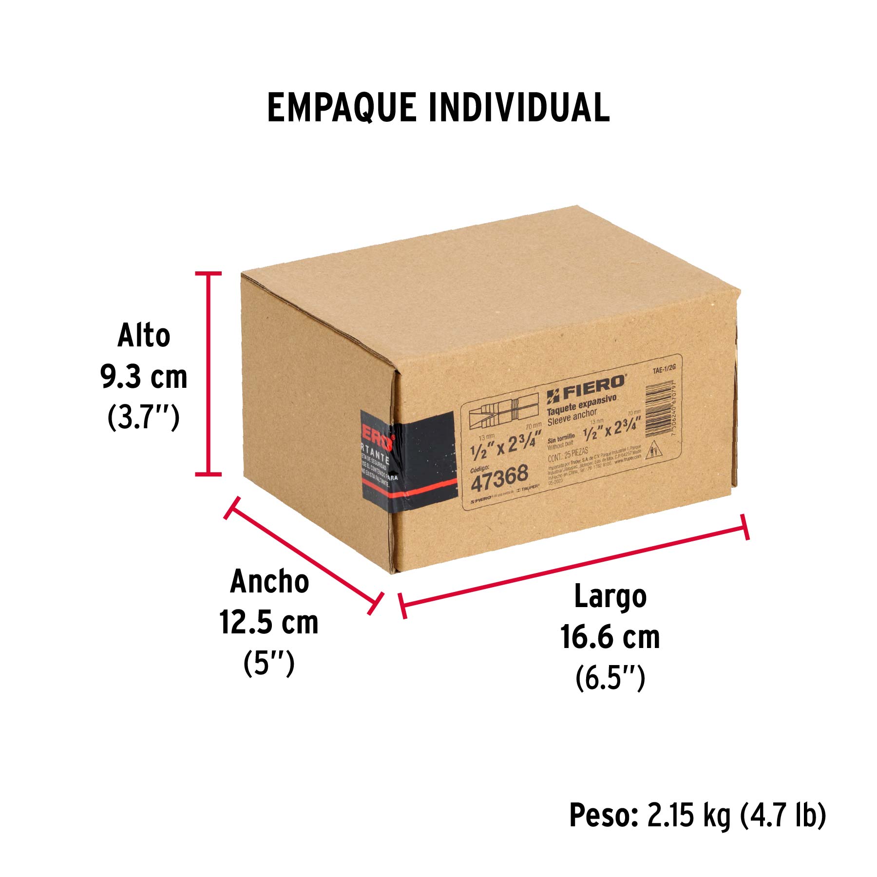 Caja con 25 taquetes expansivos de 1/2" sin tornillo, FIERO - Empaque