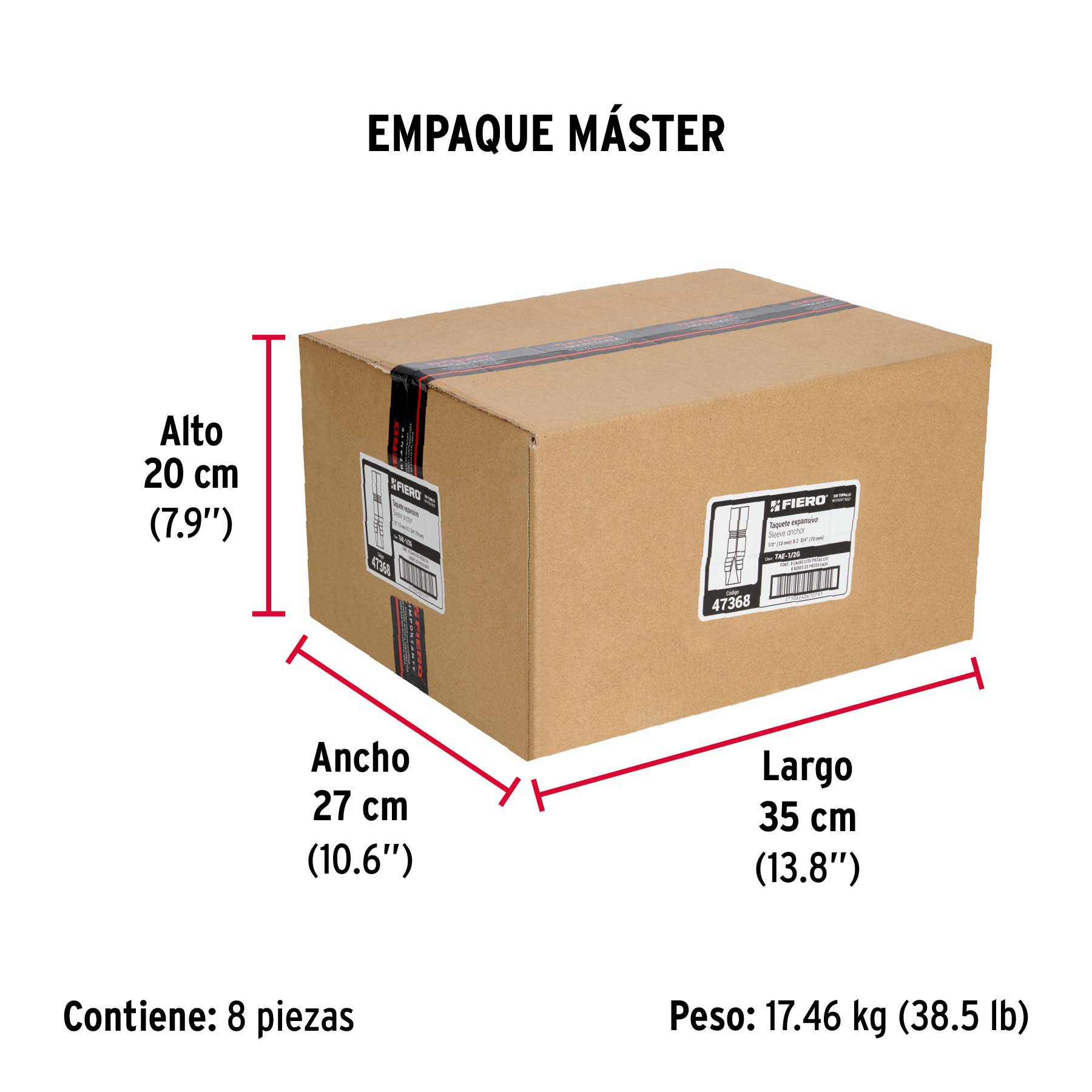 Caja con 25 taquetes expansivos de 1/2" sin tornillo, FIERO - Empaque