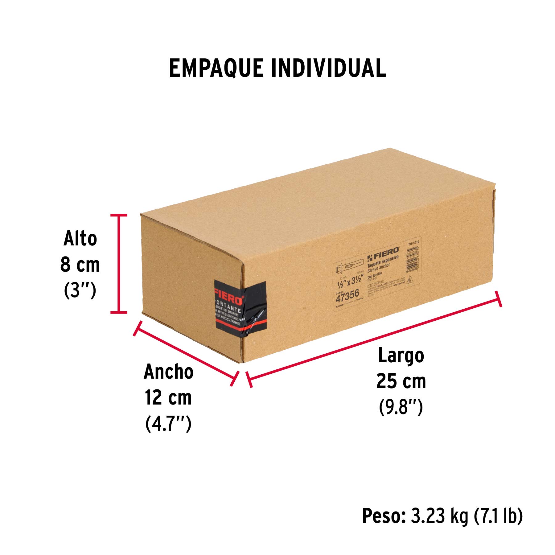 Caja con 25 taquetes expansivos de 1/2" con tornillo, FIERO - Empaque