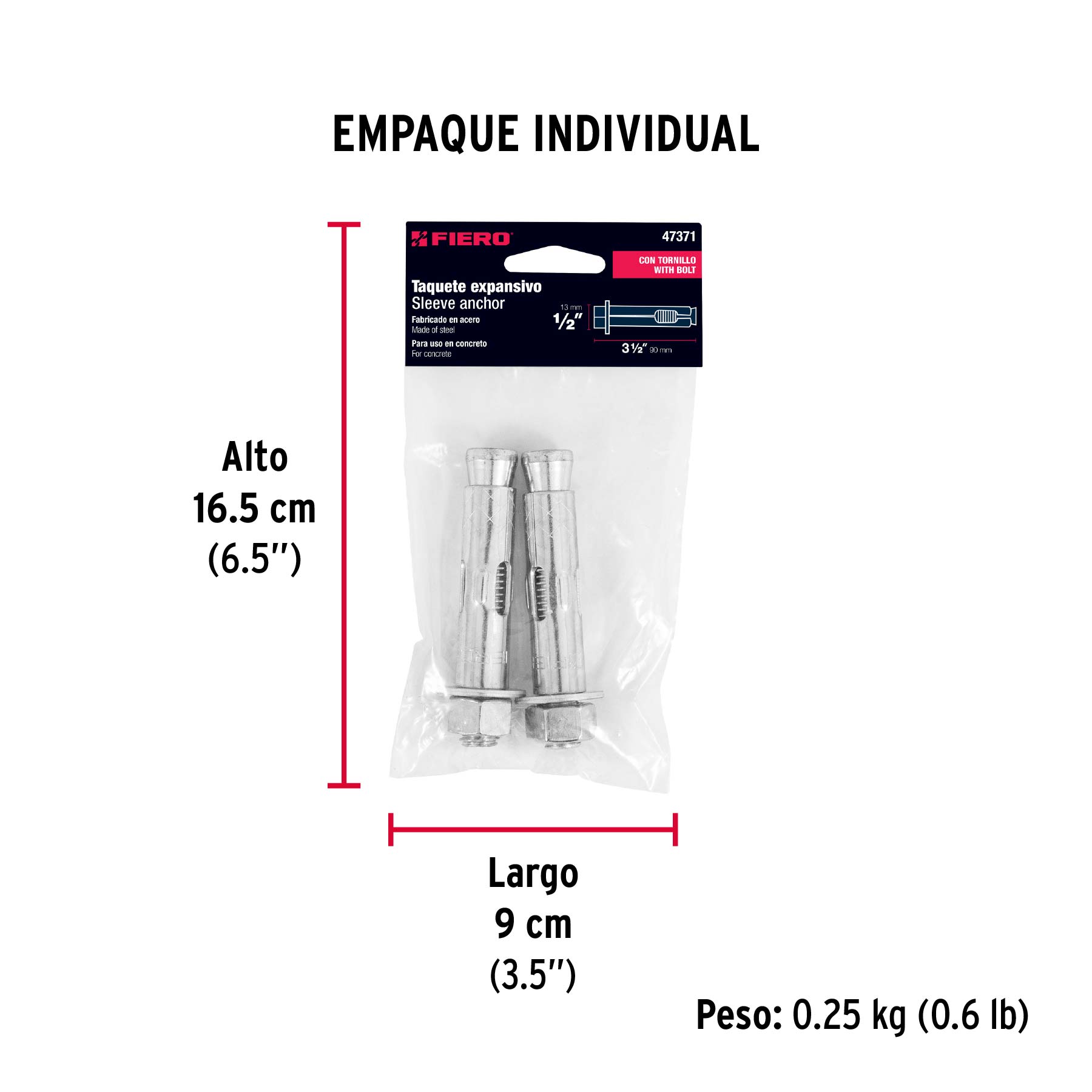 Bolsa con 2 taquetes expansivos de 1/2" con tornillo, FIERO - Empaque