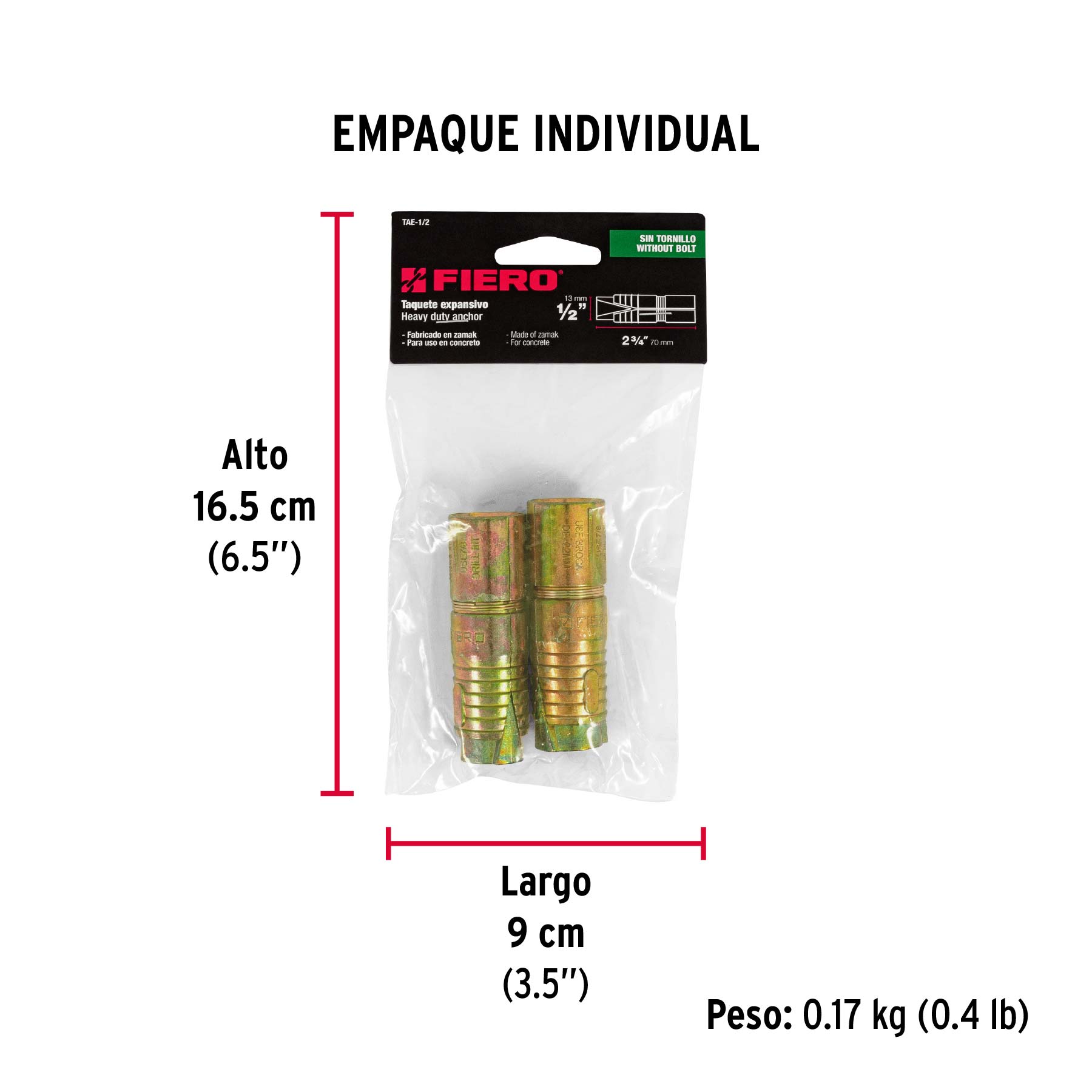 Bolsa con 2 taquetes expansivos de 1/2" sin tornillo, FIERO - Empaque