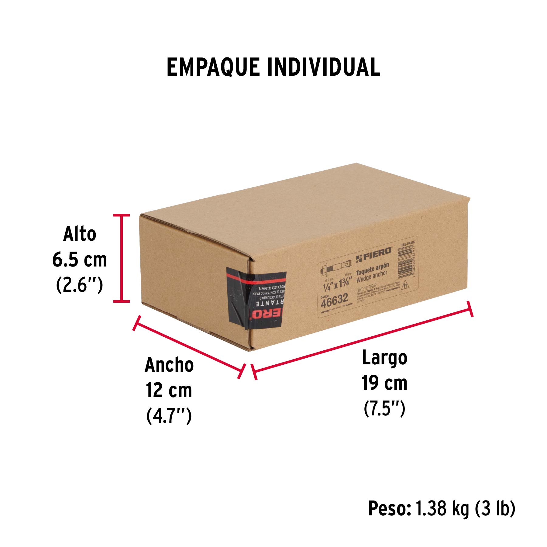 Caja con 100 taquetes arpón de 1/4" x 1-3/4", FIERO - Empaque