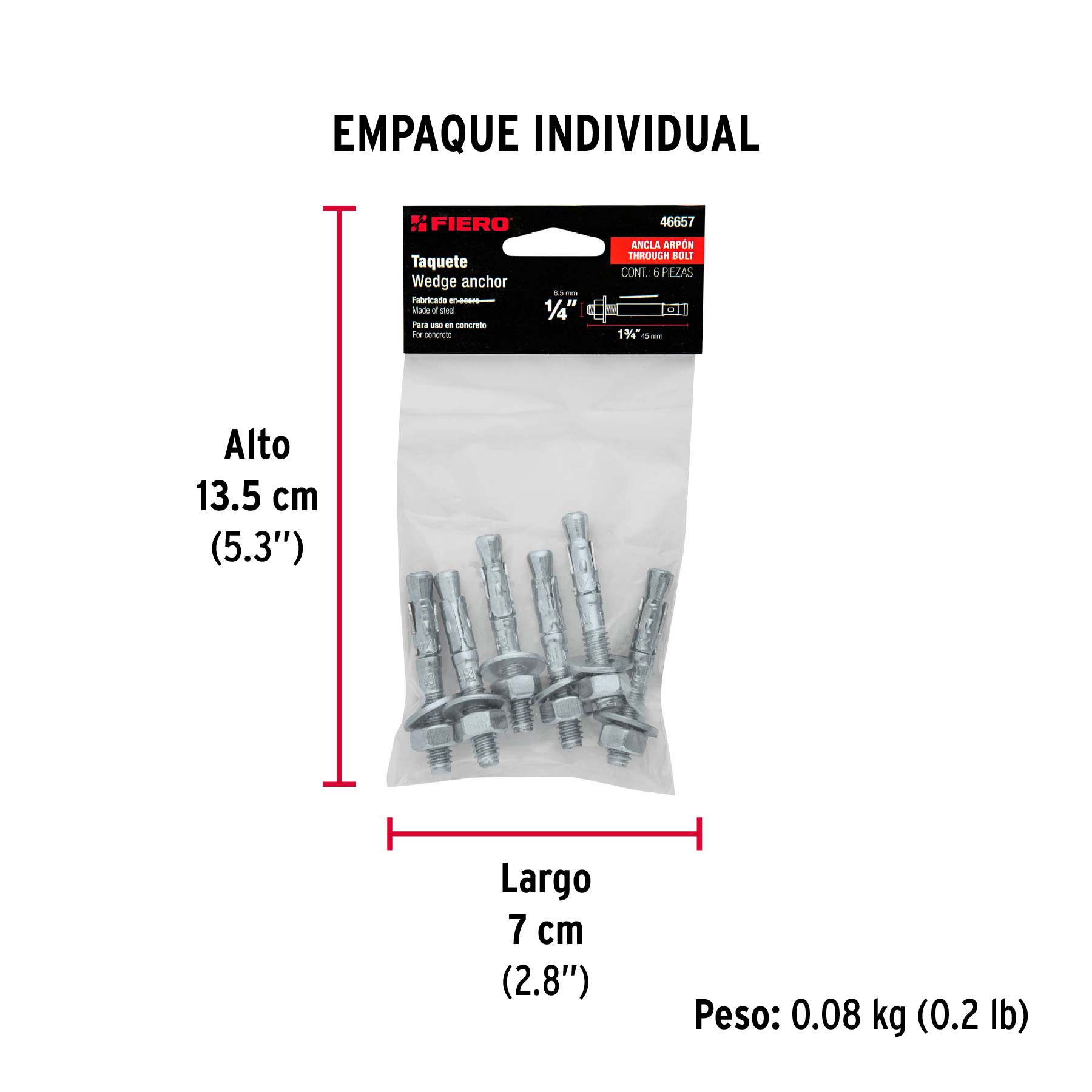 Bolsa con 6 taquetes arpón 1/4" x 1-3/4", FIERO - Empaque