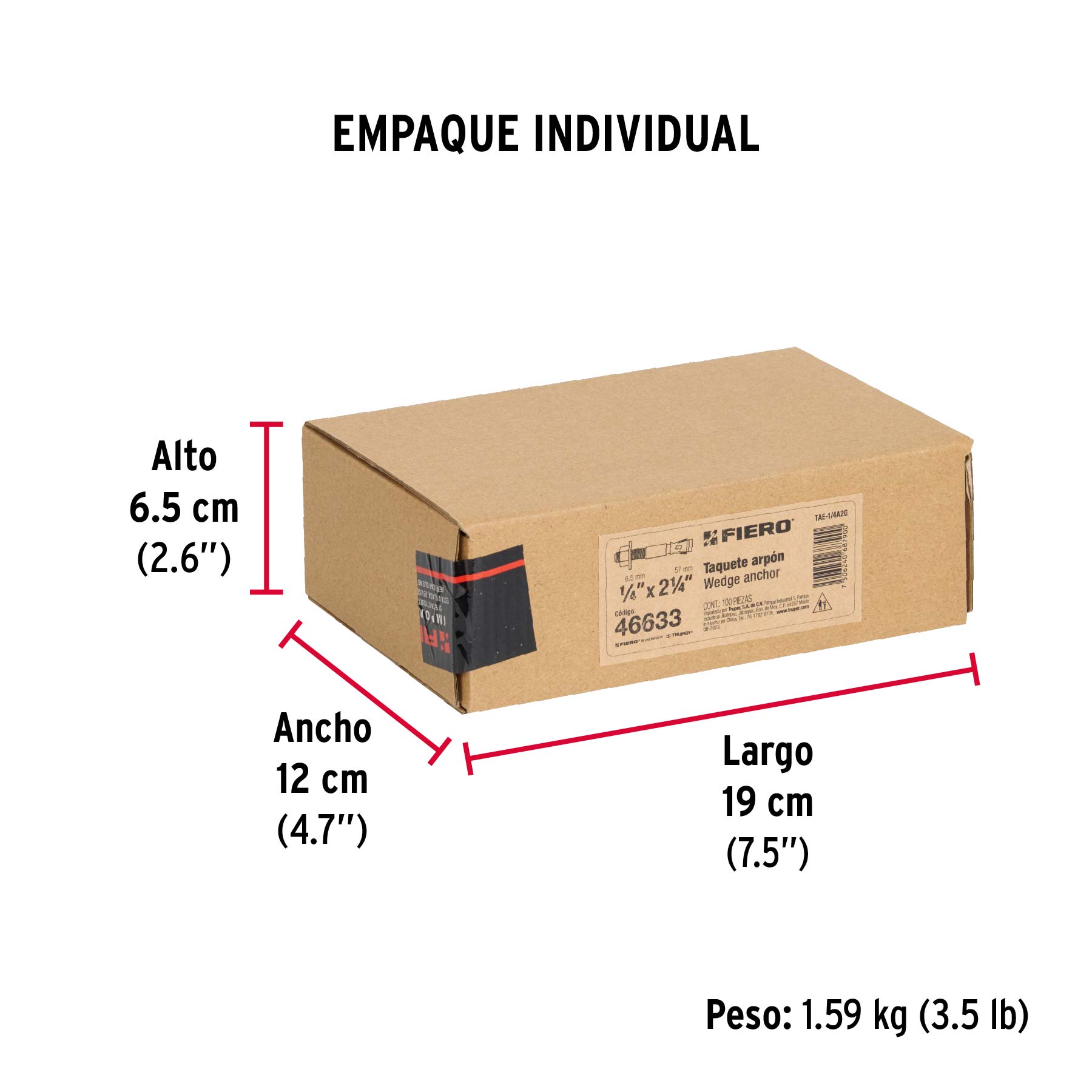 Caja con 100 taquetes arpón de 1/4" x 2-1/4", FIERO - Empaque