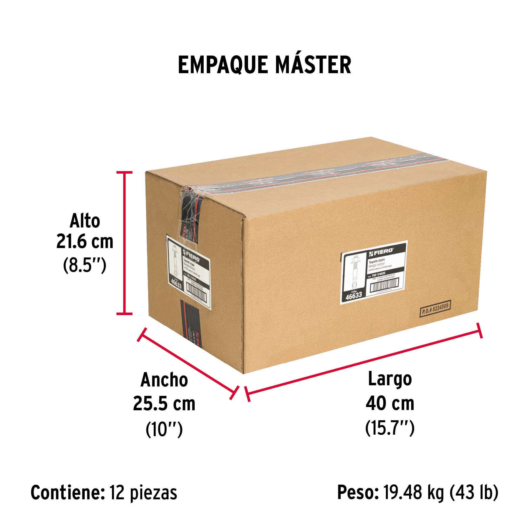 Caja con 100 taquetes arpón de 1/4" x 2-1/4", FIERO - Empaque