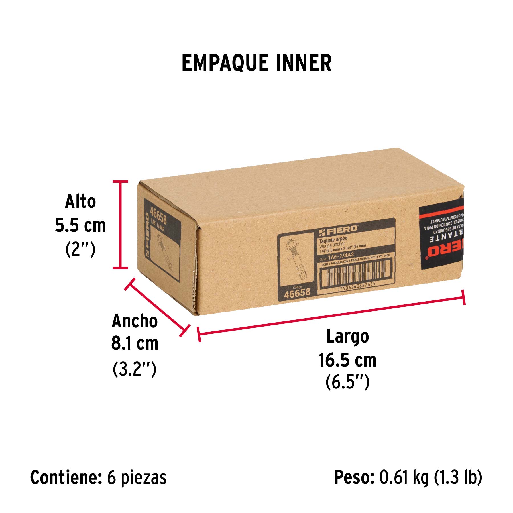 Bolsa con 6 taquetes arpón 1/4" x 2-1/4", FIERO - Empaque