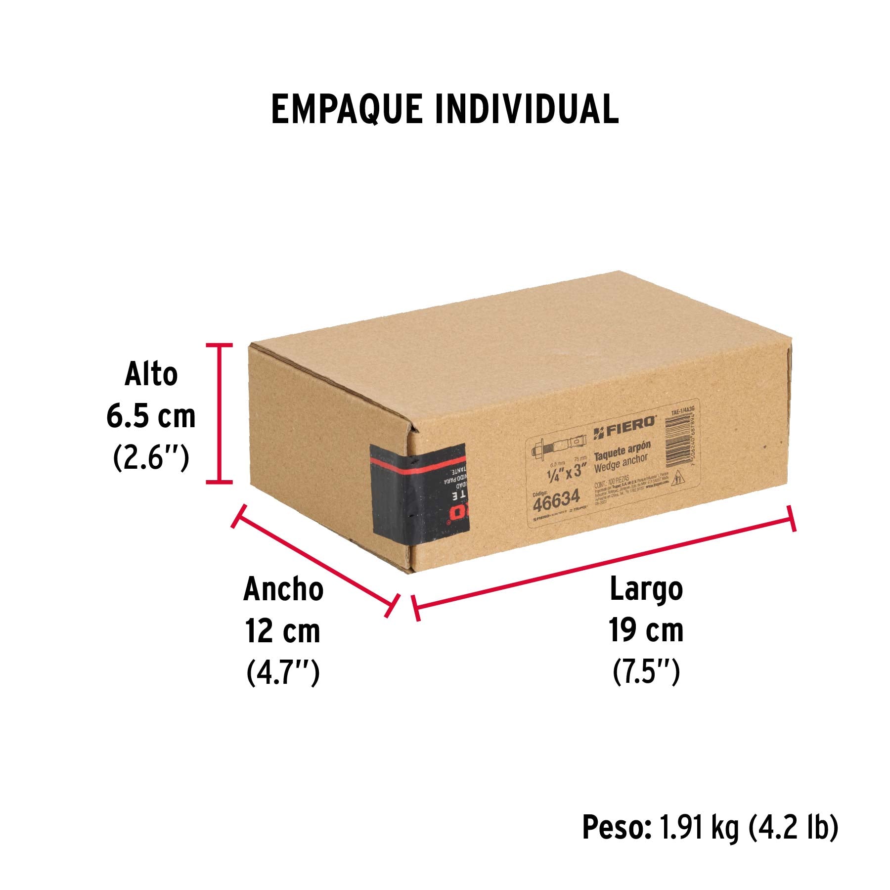 Caja con 100 taquetes arpón de 1/4" x 3", FIERO - Empaque