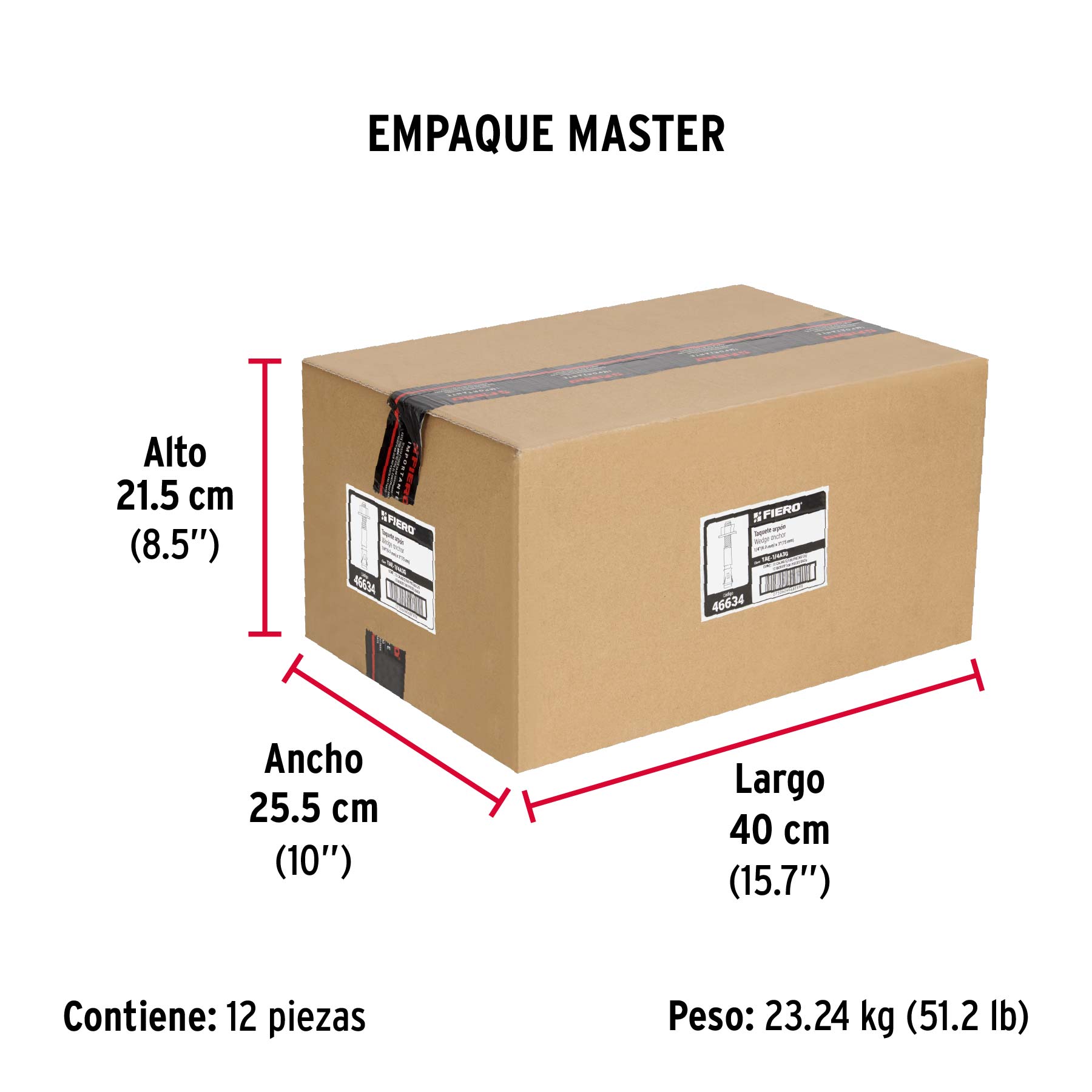 Caja con 100 taquetes arpón de 1/4" x 3", FIERO - Empaque