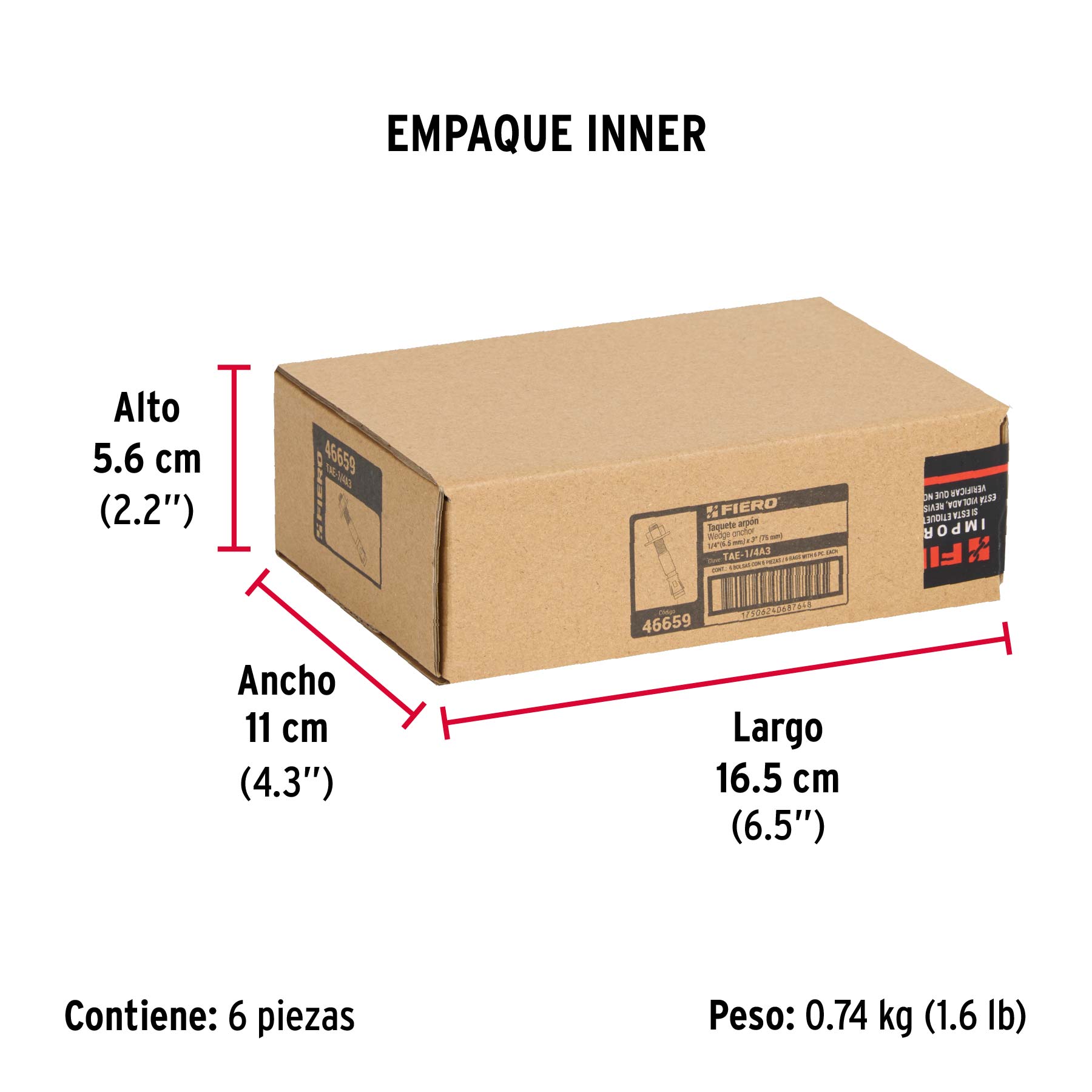 Bolsa con 6 taquetes arpón 1/4" x 3", FIERO - Empaque