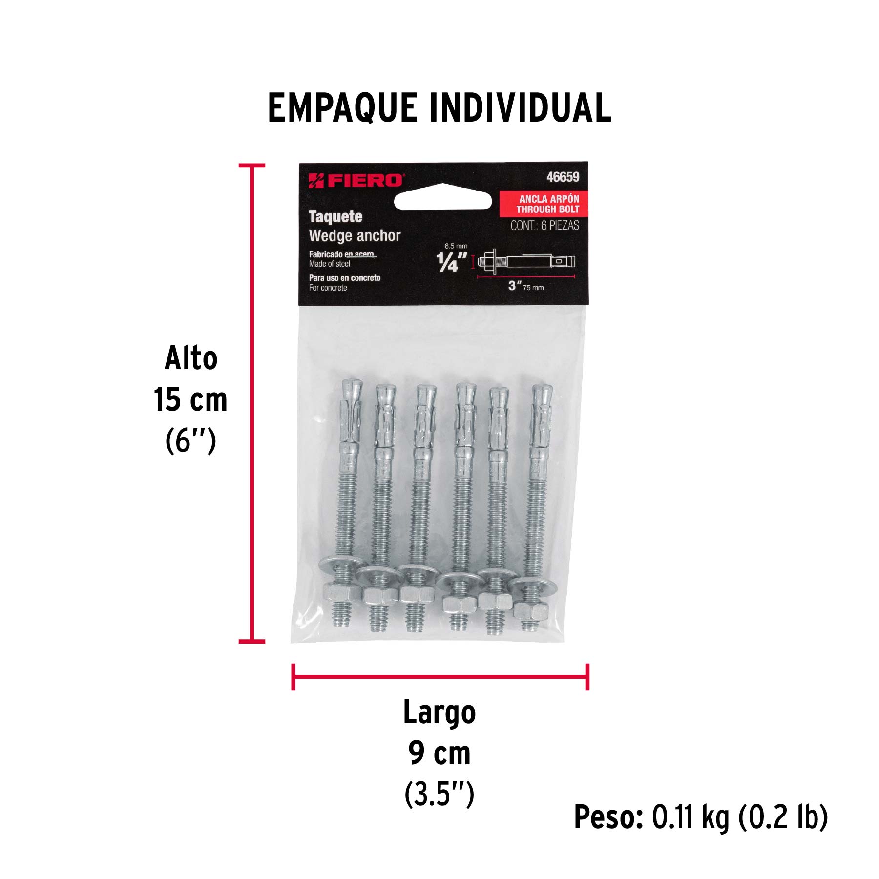 Bolsa con 6 taquetes arpón 1/4" x 3", FIERO - Empaque