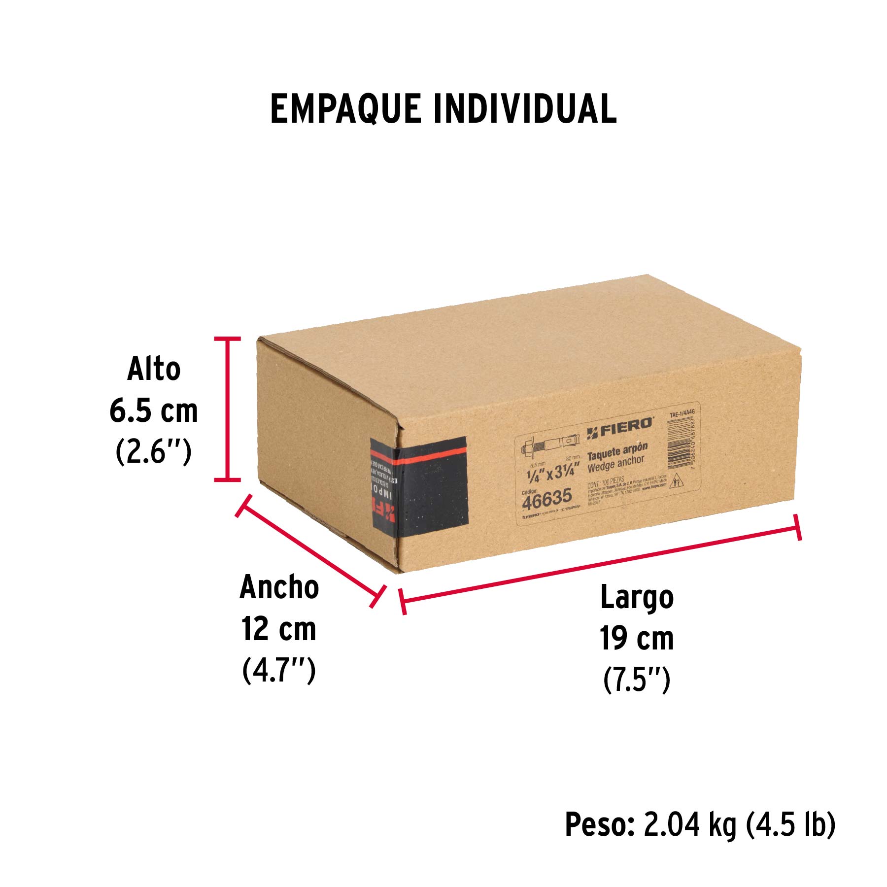 Caja con 100 taquetes arpón de 1/4" x 3-1/4", FIERO - Empaque