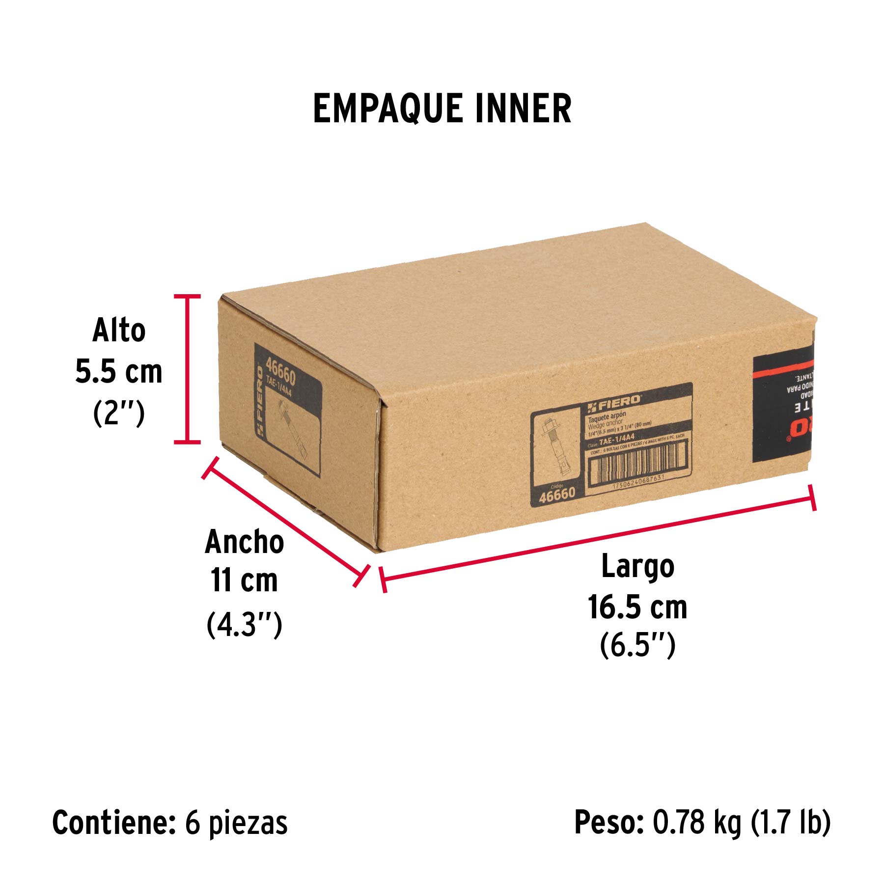 Bolsa con 6 taquetes arpón 1/4" x 3-1/4", FIERO - Empaque