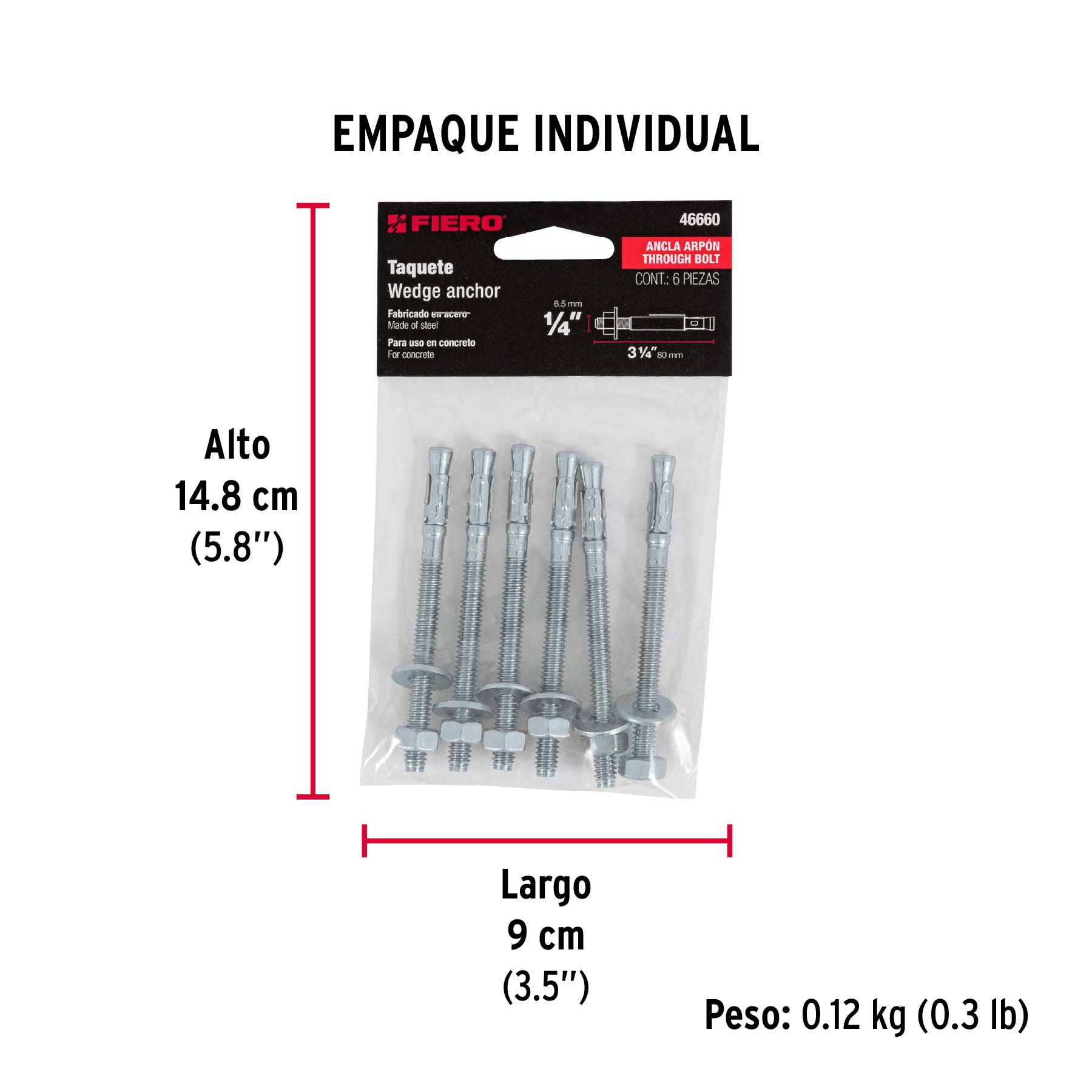Bolsa con 6 taquetes arpón 1/4" x 3-1/4", FIERO - Empaque