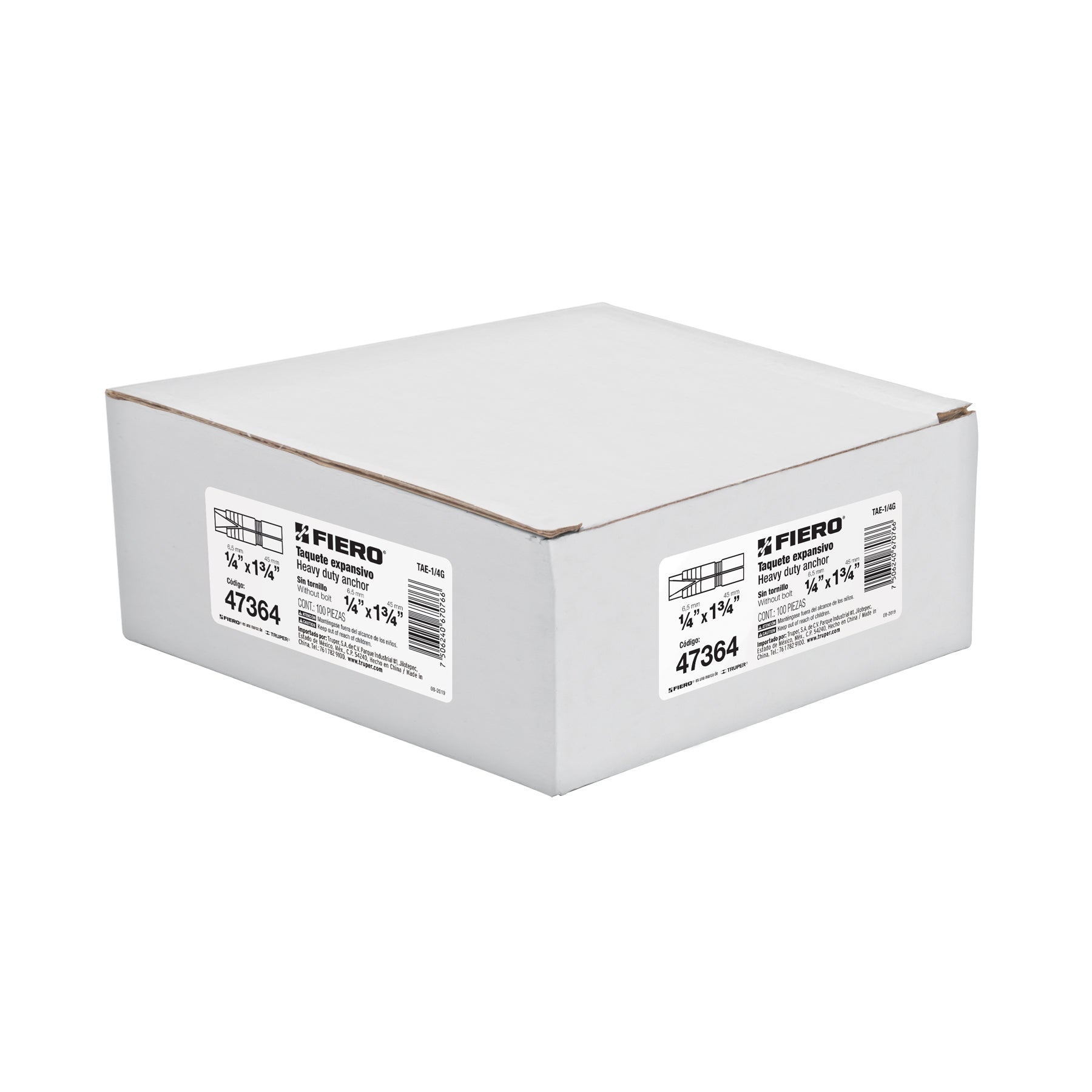Caja con 100 taquetes expansivos de 1/4" sin tornillo, FIERO