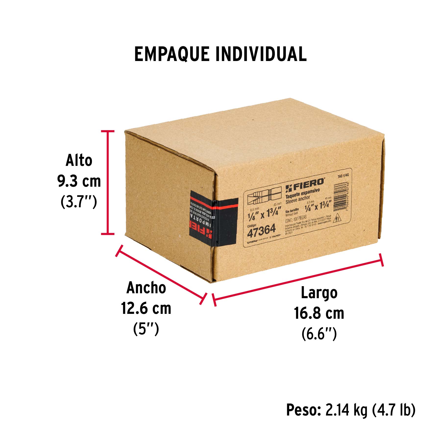 Caja con 100 taquetes expansivos de 1/4" sin tornillo, FIERO - Empaque