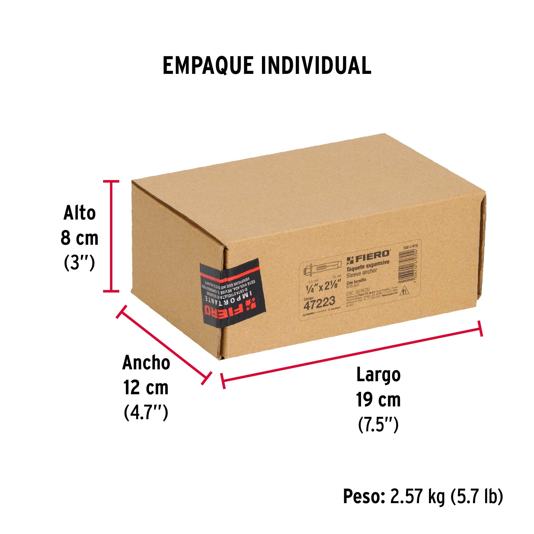 Caja con 100 taquetes expansivos de 1/4" con tornillo, FIERO - Empaque