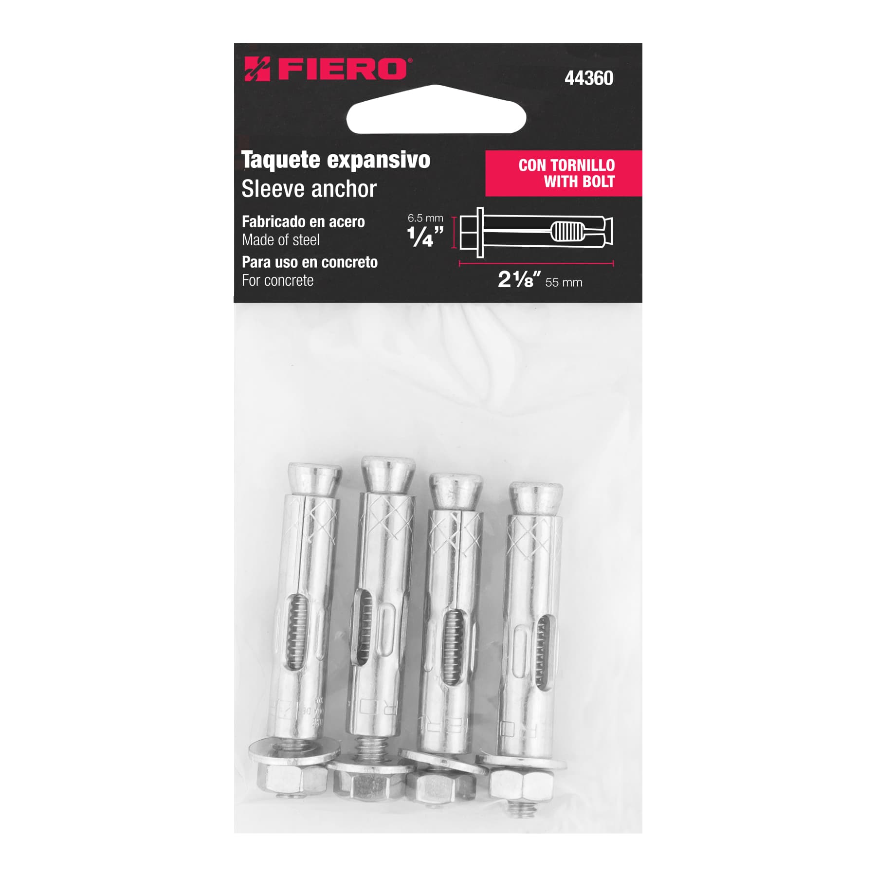 Bolsa con 4 taquetes expansivos de 1/4" con tornillo, FIERO