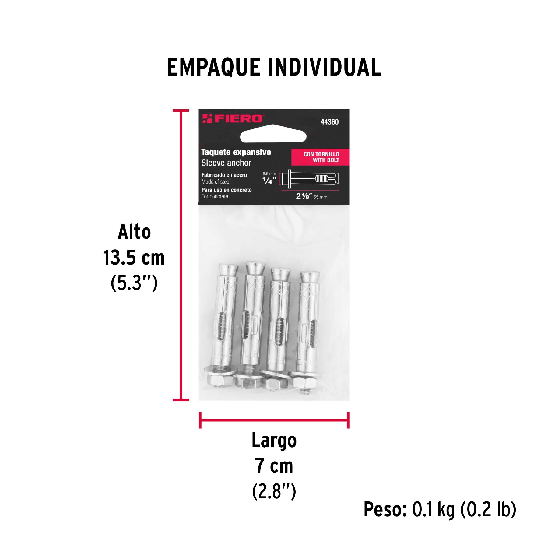 Bolsa con 4 taquetes expansivos de 1/4" con tornillo, FIERO - Empaque