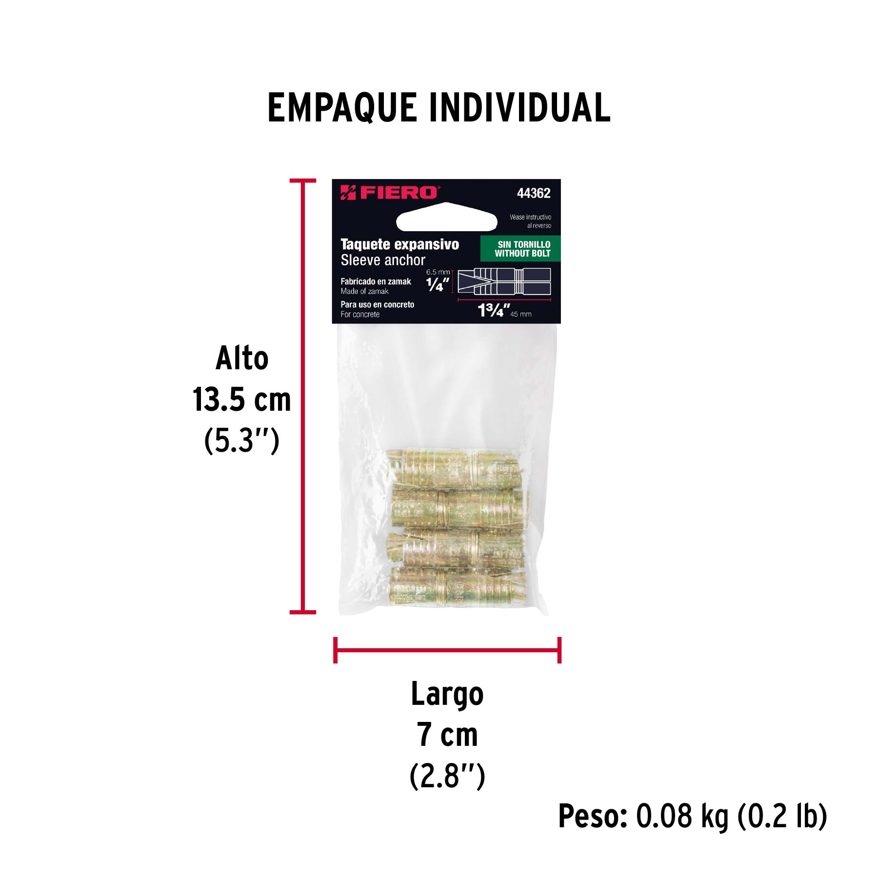 Bolsa con 4 taquetes expansivos de 1/4" sin tornillo, FIERO - Empaque