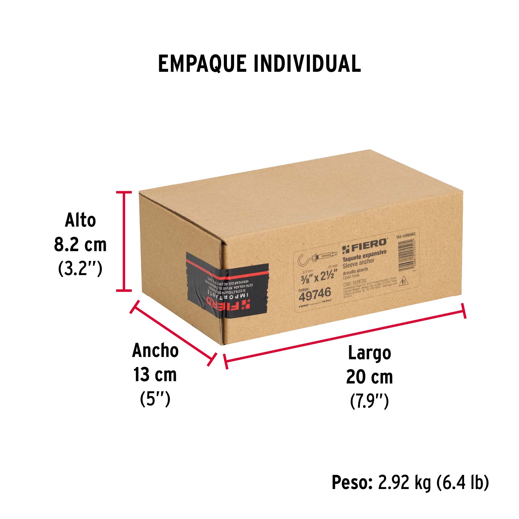 Caja con 50 taquetes expansivos 10x65 mm con armella abierta - Empaque