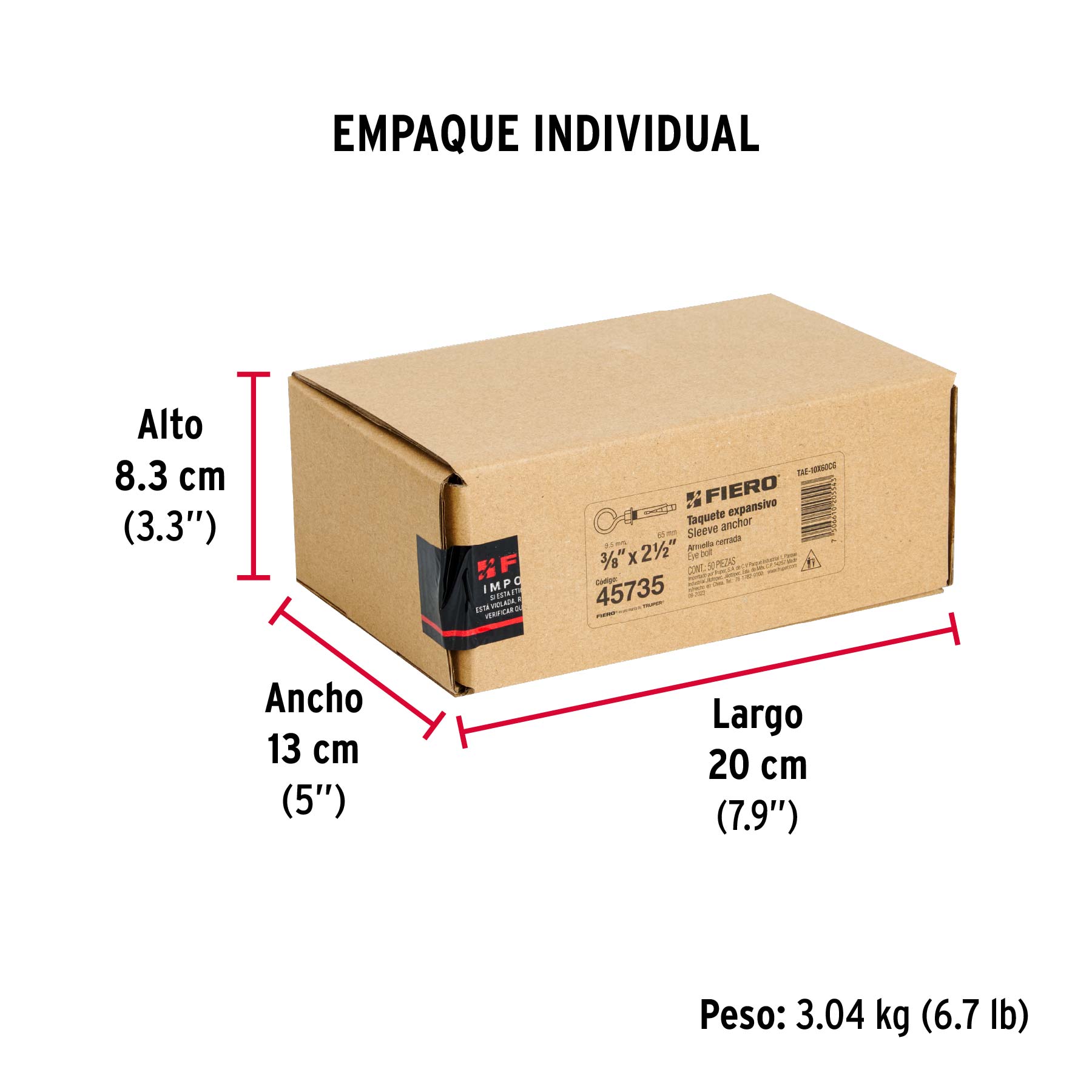 Caja con 50 taquetes expansivos 10x65 mm con armella cerrada - Empaque