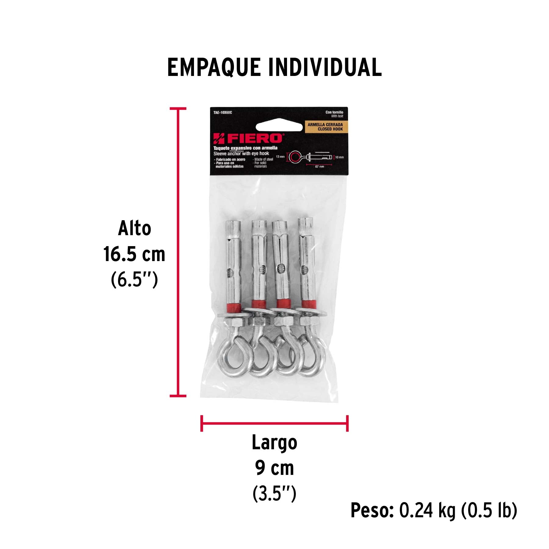 Bolsa con 4 taquetes expansivos 10x65 mm con armella cerrada - Empaque