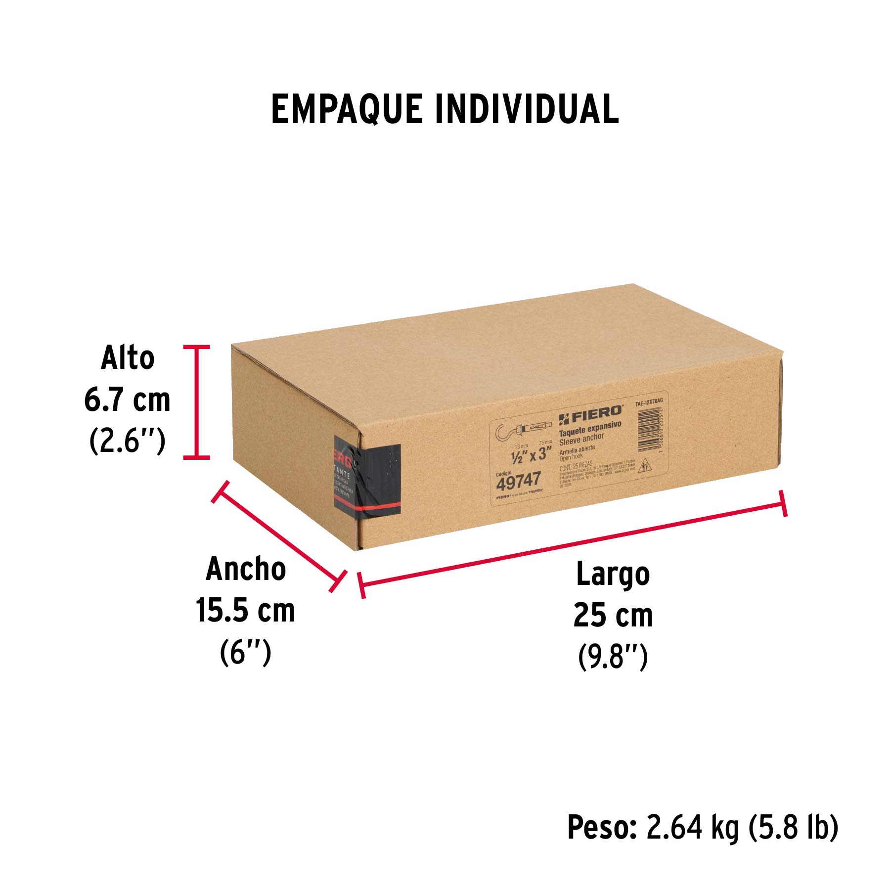 Caja con 25 taquetes expansivos 12x75 mm con armella abierta - Empaque