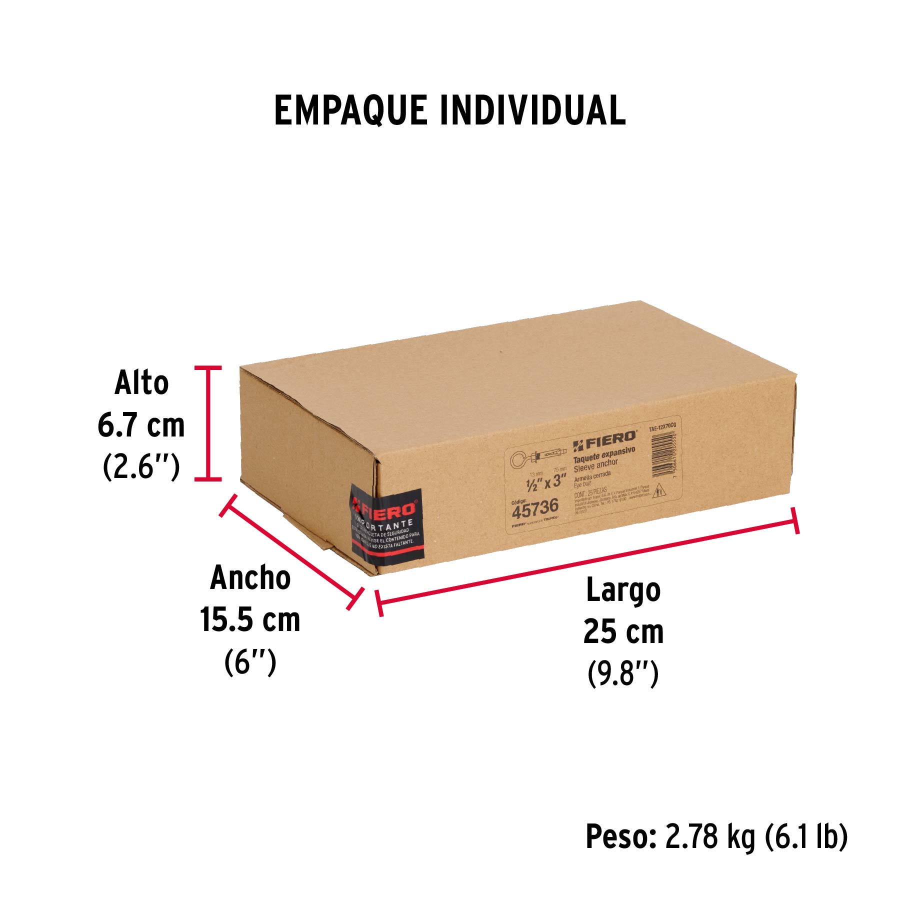Caja con 25 taquetes expansivos 12x75 mm con armella cerrada - Empaque