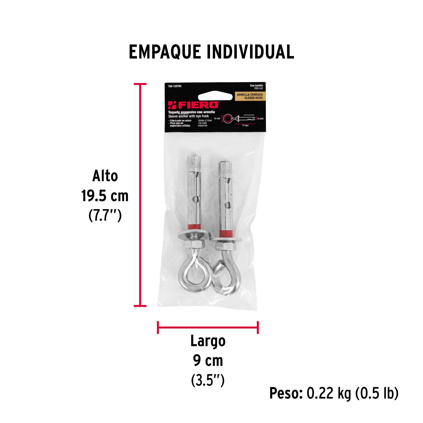 Bolsa con 2 taquetes expansivos 12x75 mm con armella cerrada - Empaque