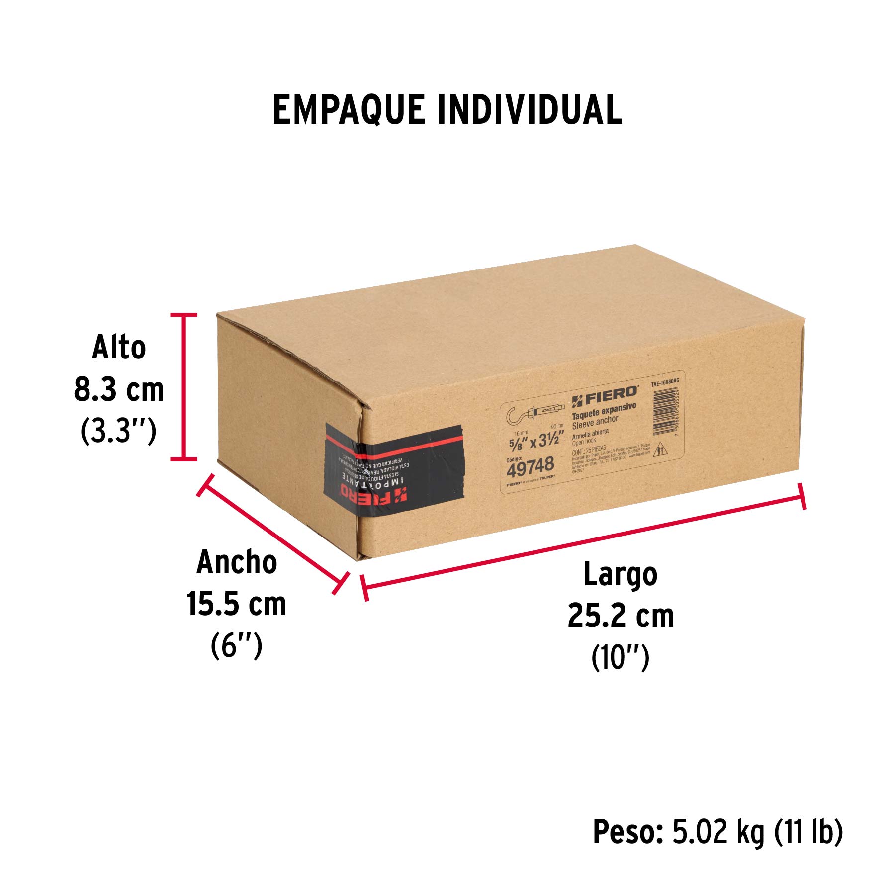 Caja con 25 taquetes expansivos 16x90 mm con armella abierta - Empaque
