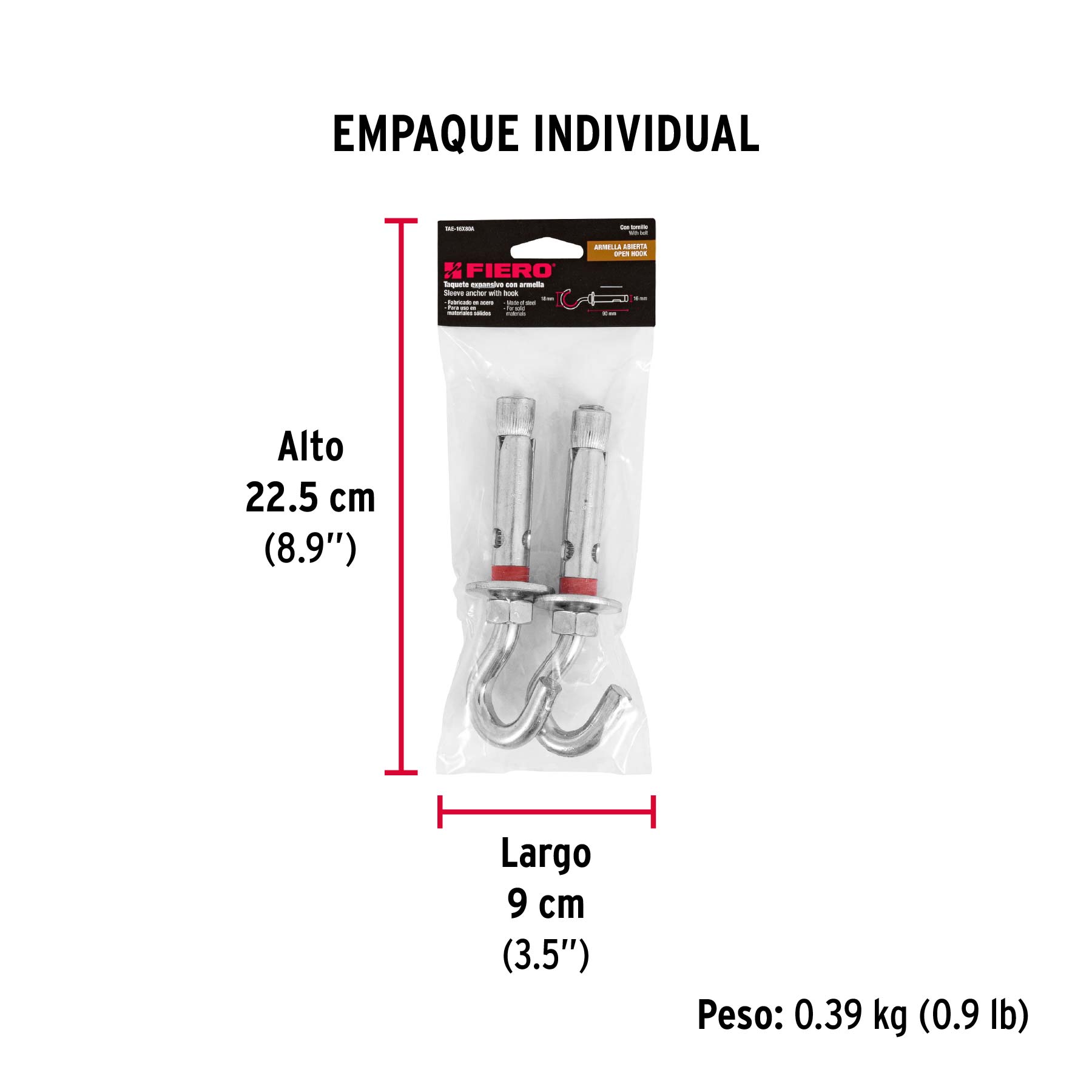 Bolsa con 2 taquetes expansivos 16x90 mm con armella abierta - Empaque