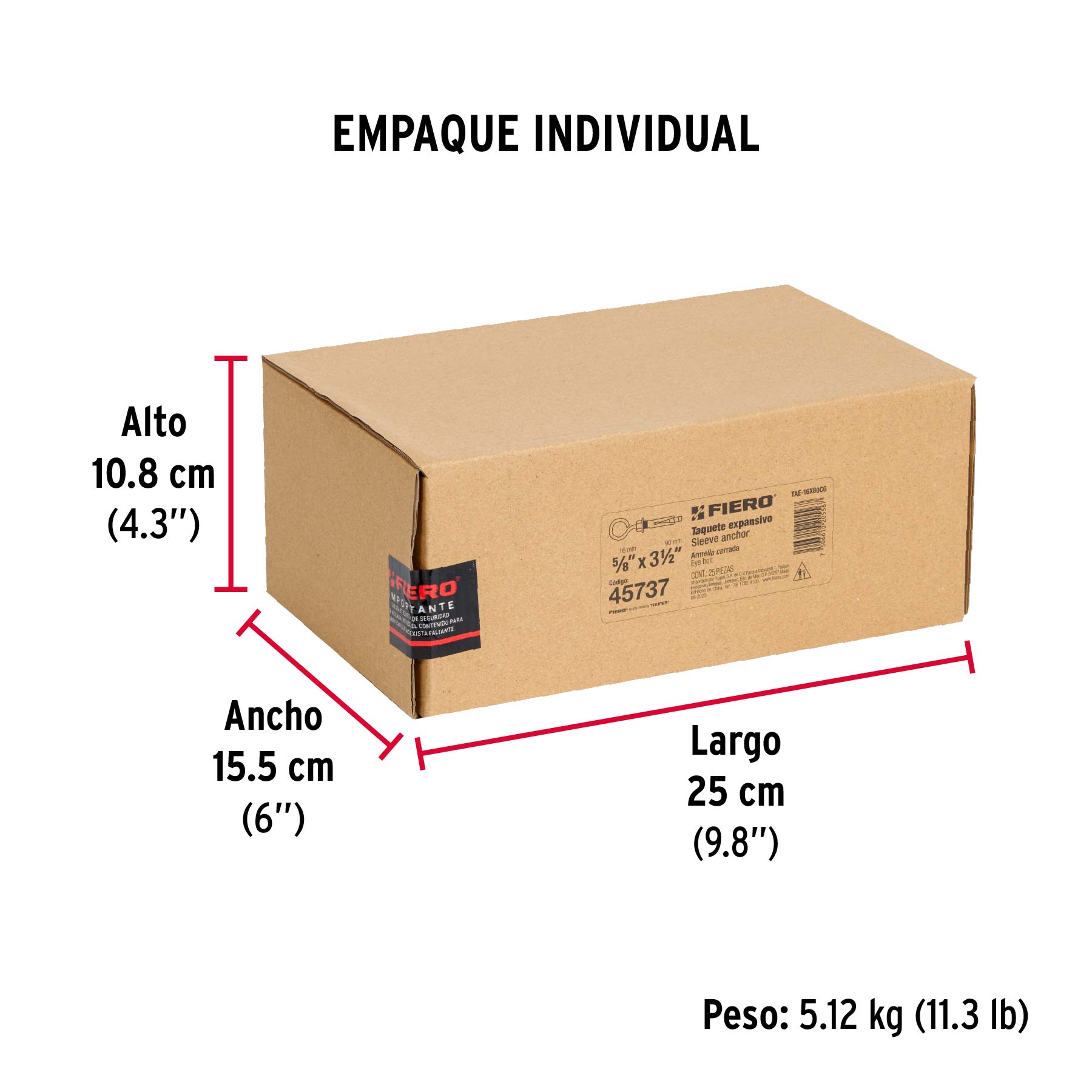 Caja con 25 taquetes expansivos 16x90 mm con armella cerrada - Empaque