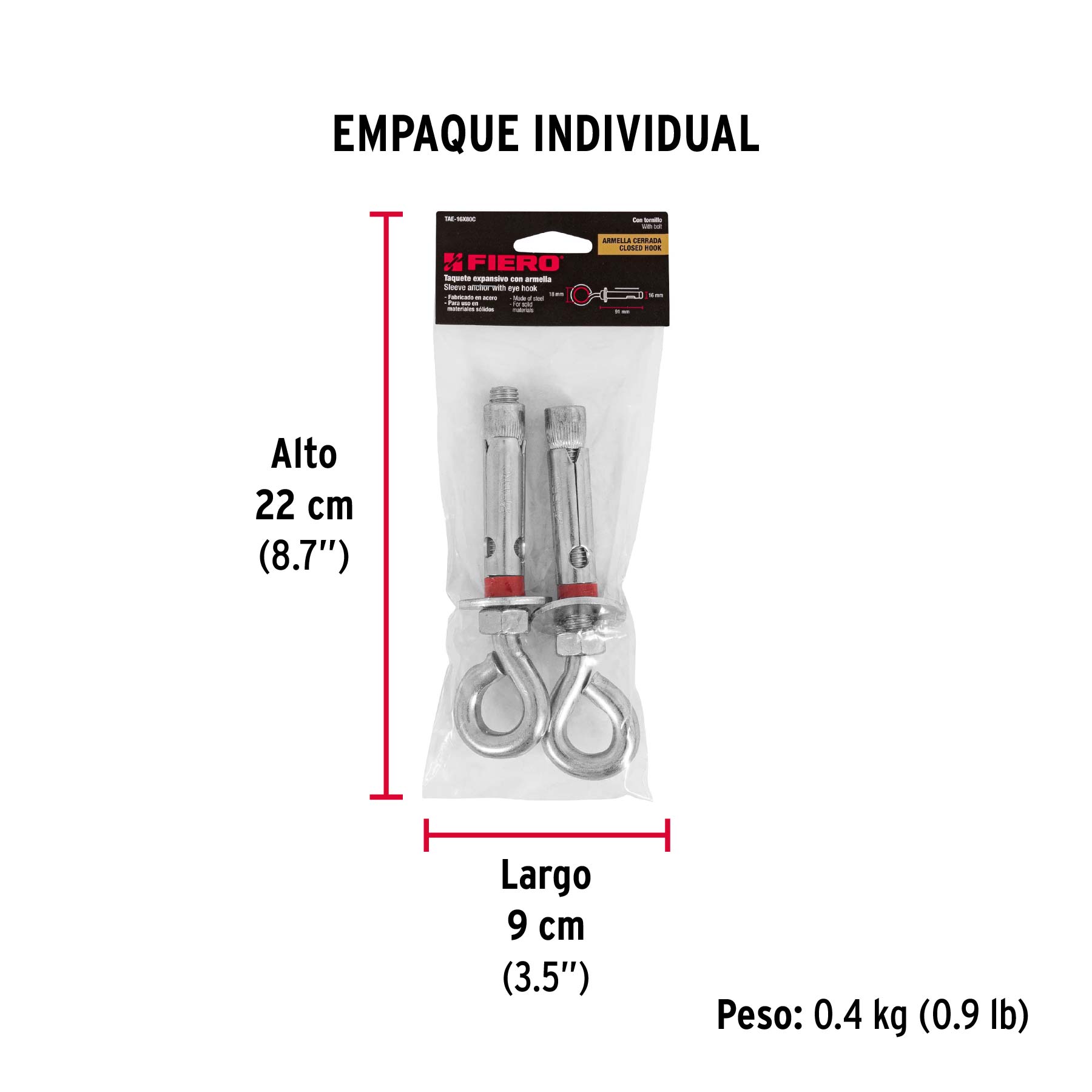 Bolsa con 2 taquetes expansivos 16x90 mm con armella cerrada - Empaque