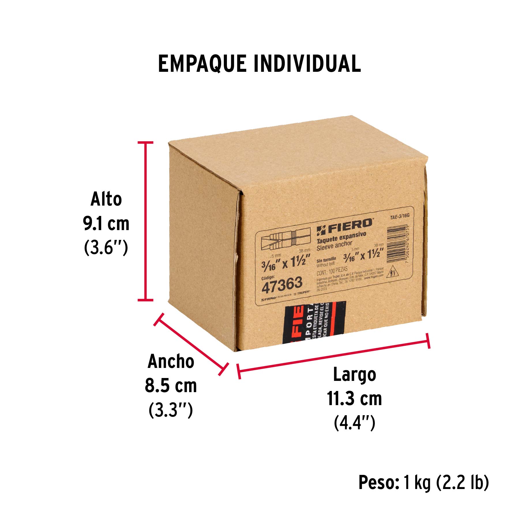 Caja con 100 taquetes expansivos de 3/16" sin tornillo FIERO - Empaque