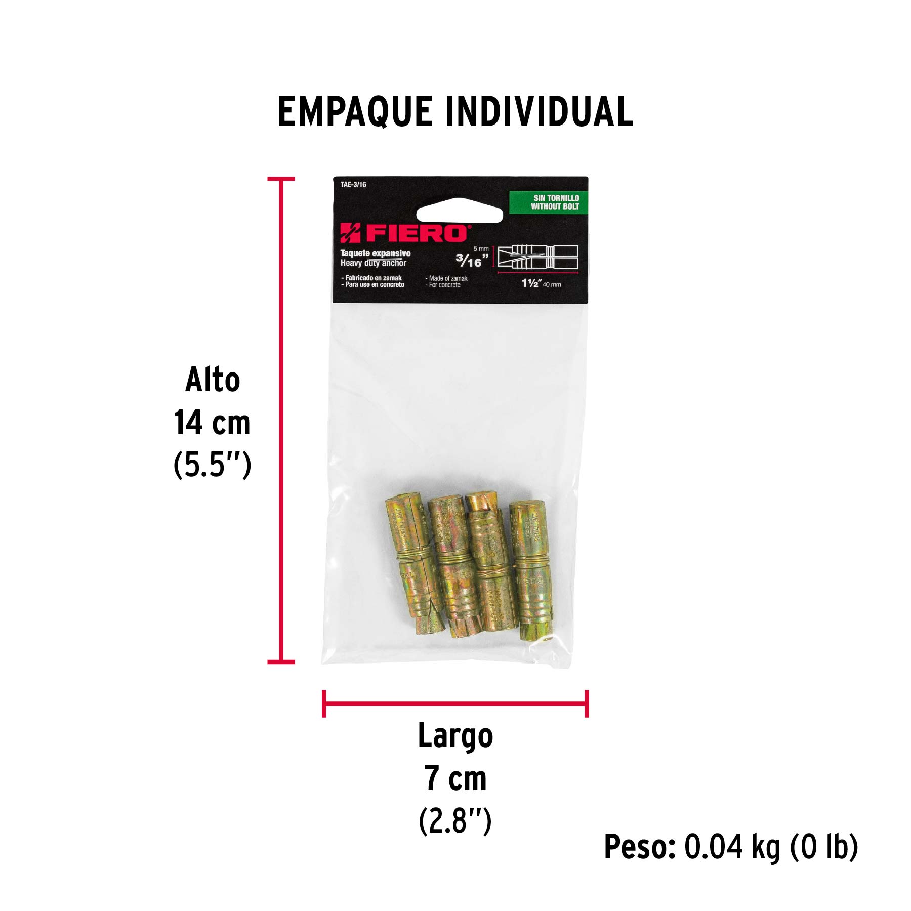 Bolsa con 4 taquetes expansivos de 3/16" sin tornillo, FIERO - Empaque