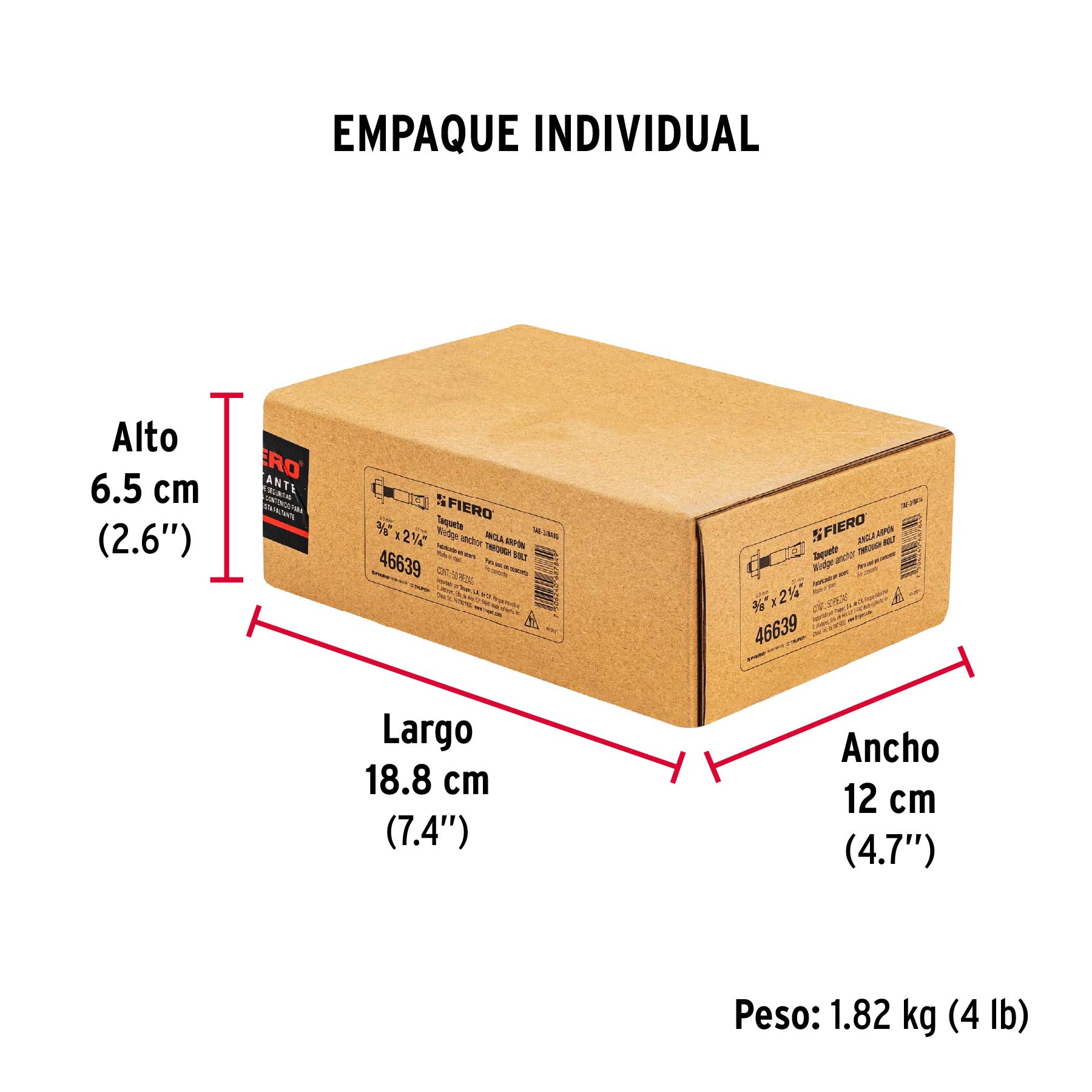 Caja con 50 taquetes arpón de 3/8" x 2-1/4", FIERO - Empaque