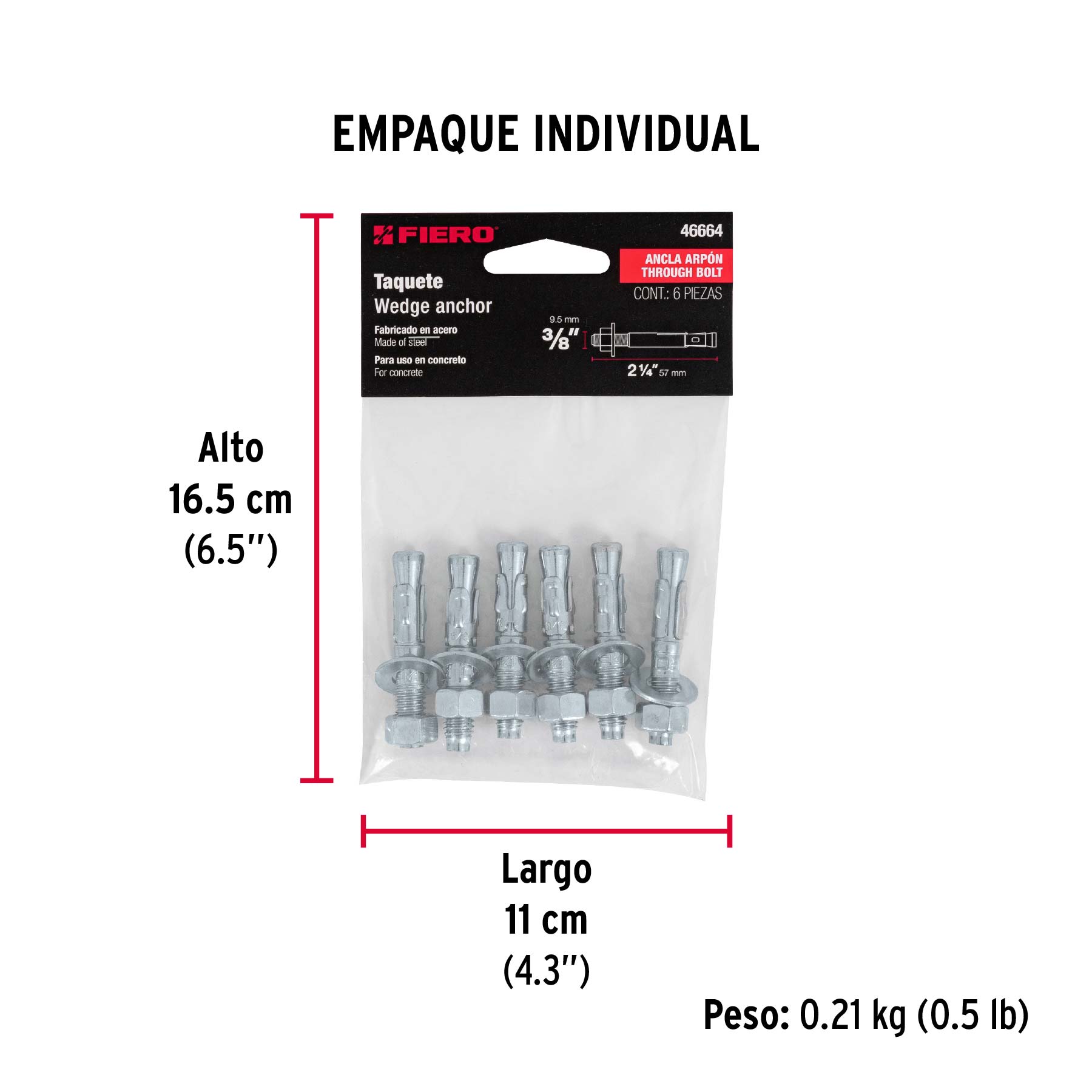 Bolsa con 6 taquetes arpón 3/8" x 2-1/4", FIERO - Empaque