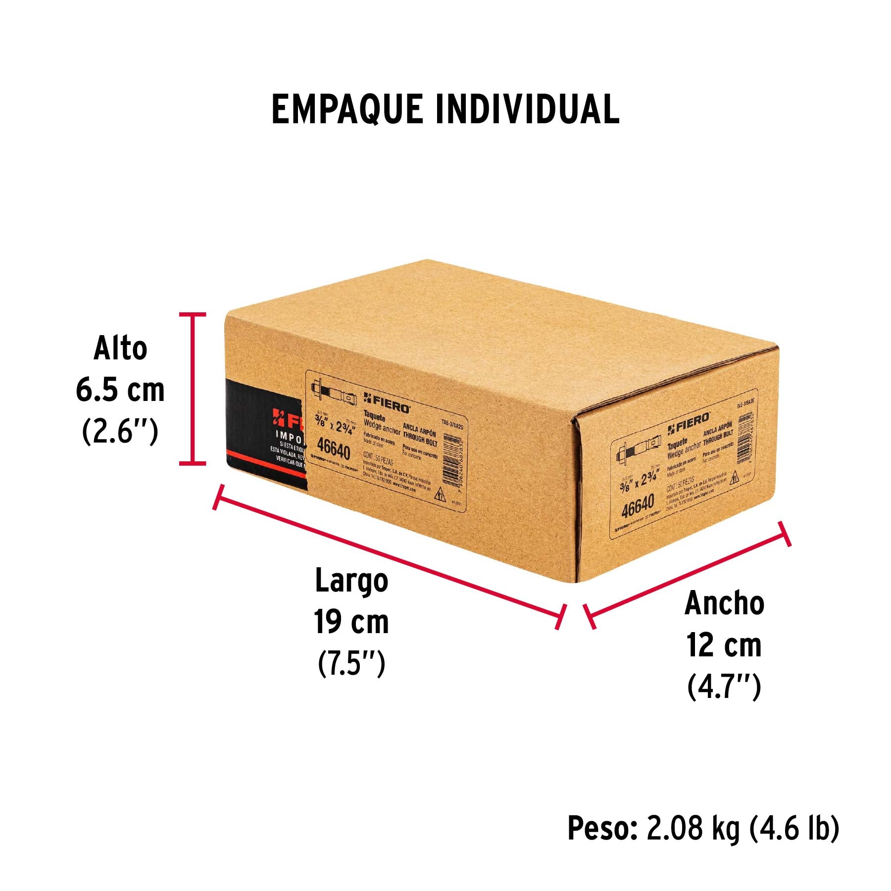 Caja con 50 taquetes arpón de 3/8" x 2-3/4", FIERO - Empaque
