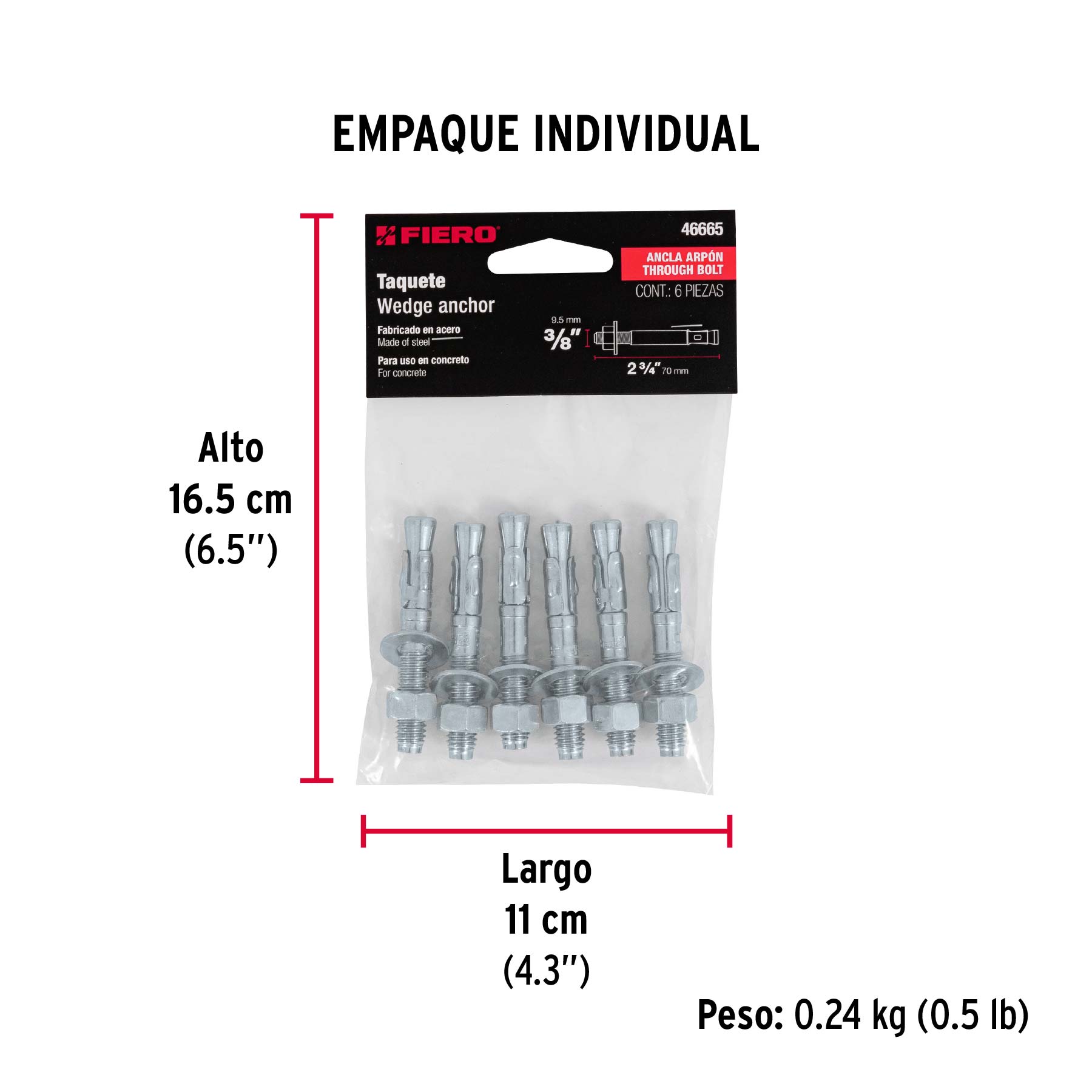 Bolsa con 6 taquetes arpón 3/8" x 2-3/4", FIERO - Empaque