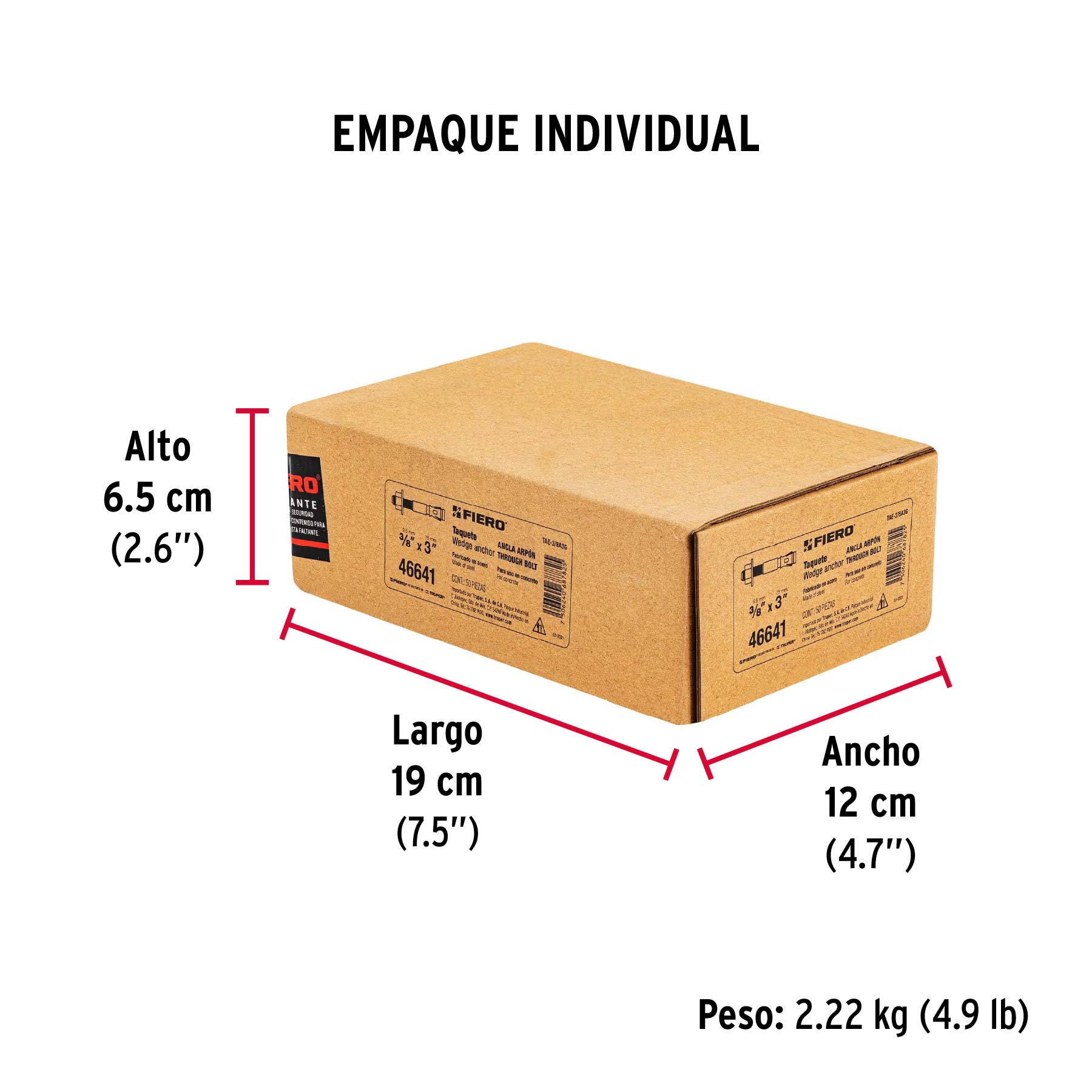 Caja con 50 taquetes arpón de 3/8" x 3", FIERO - Empaque