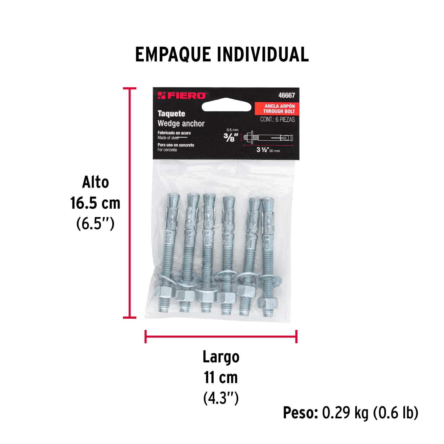 Bolsa con 6 taquetes arpón 3/8" x 3-1/2", FIERO - Empaque