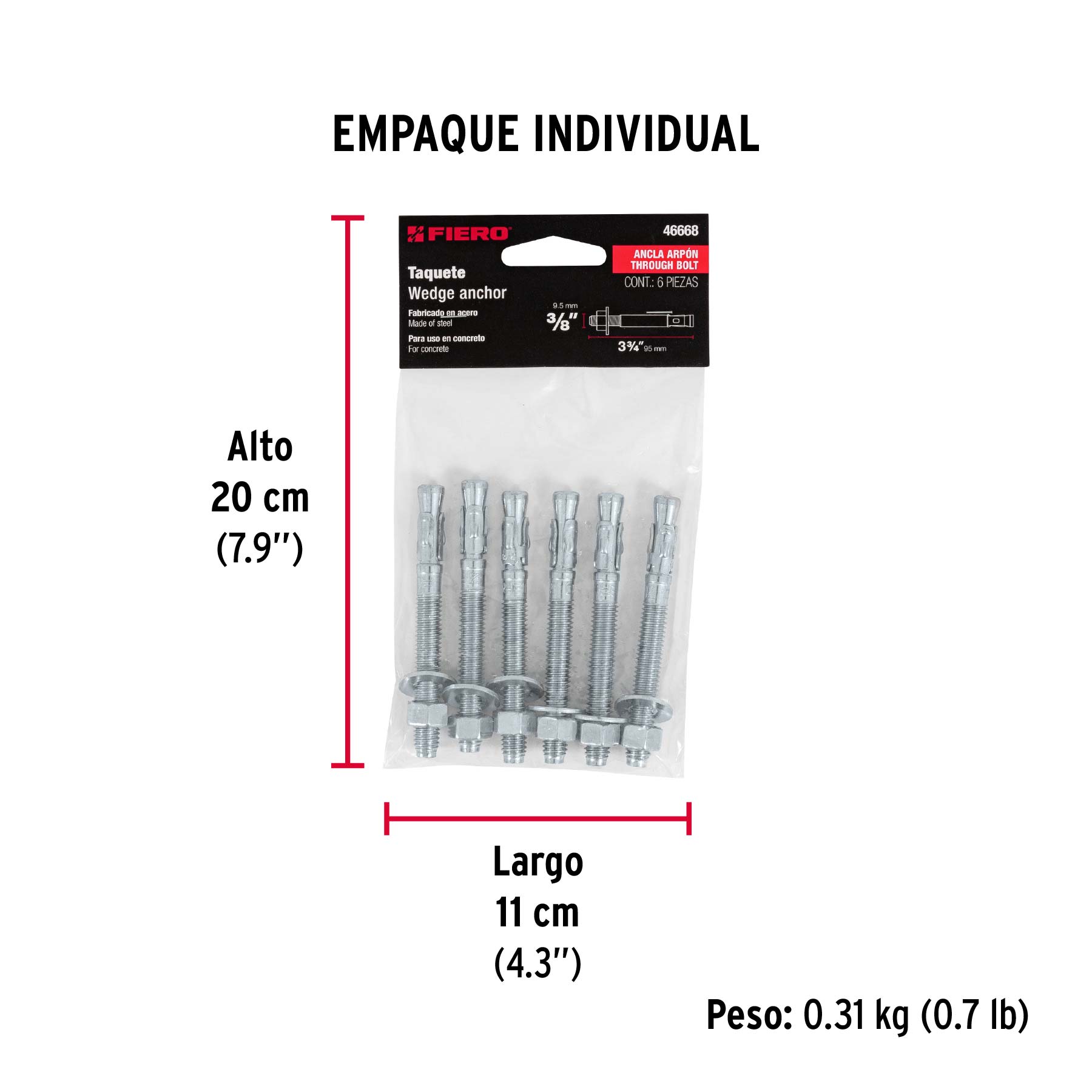 Bolsa con 6 taquetes arpón 3/8" x 3-3/4", FIERO - Empaque
