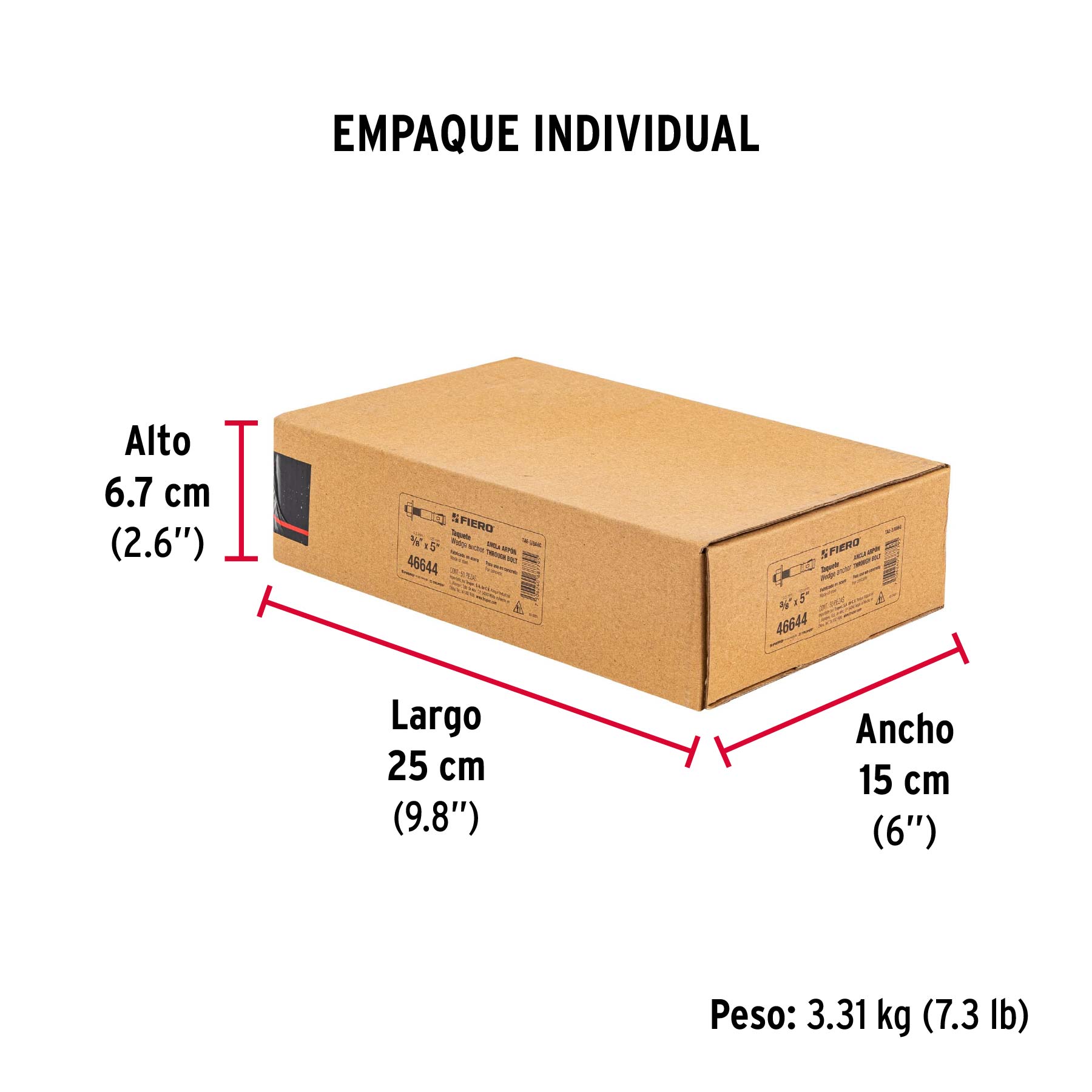 Caja con 50 taquetes arpón de 3/8" x 5", FIERO - Empaque
