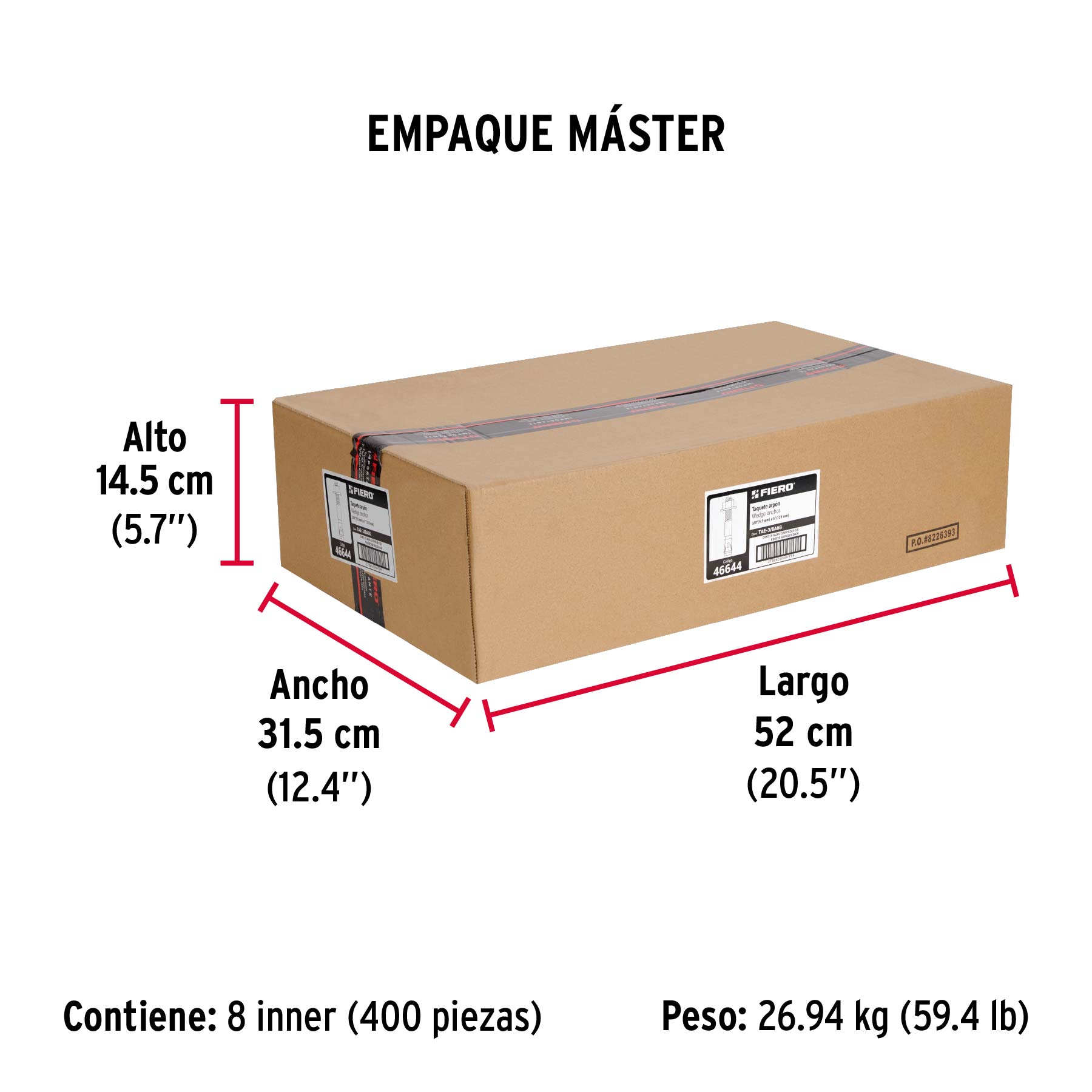 Caja con 50 taquetes arpón de 3/8" x 5", FIERO - Empaque