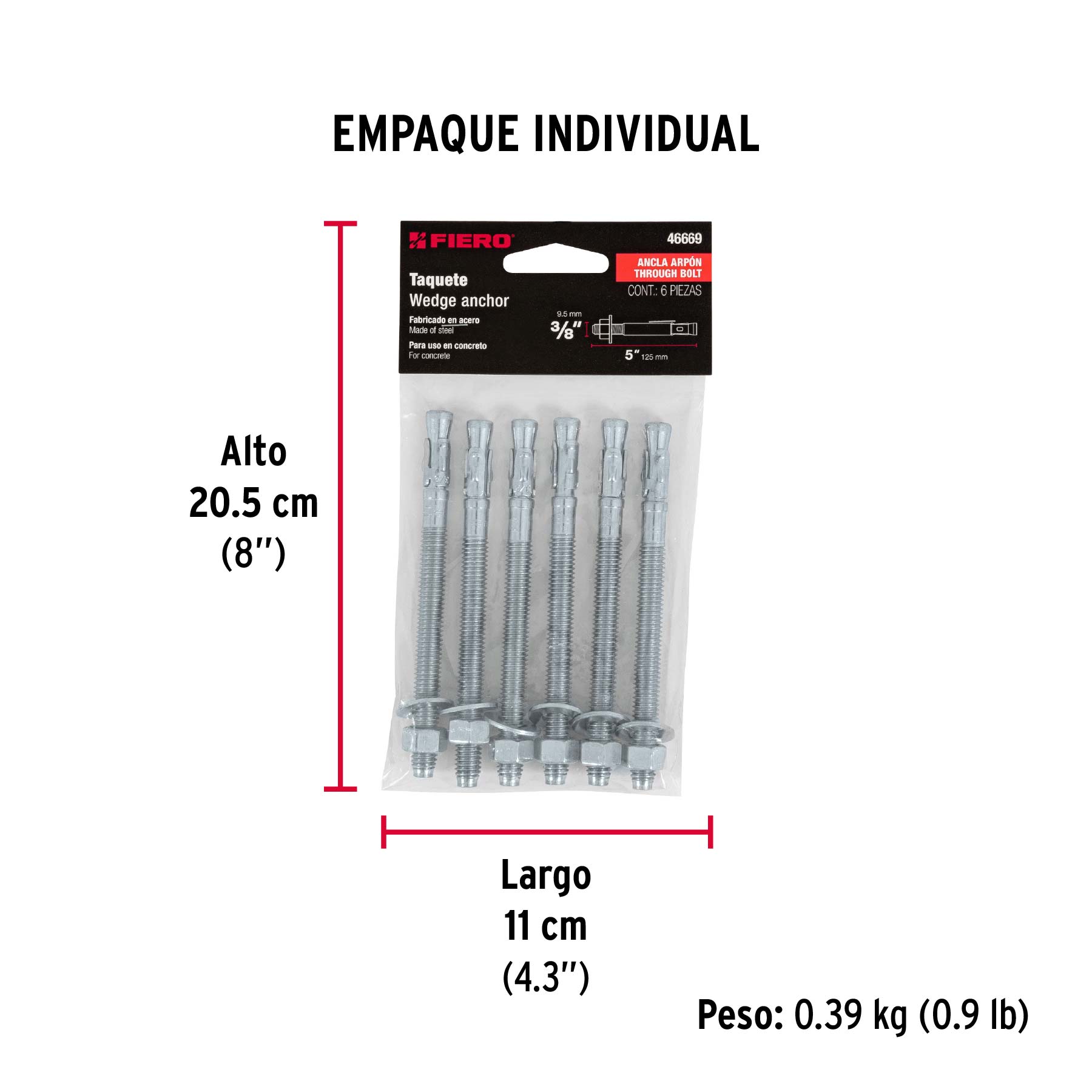 Bolsa con 6 taquetes arpón 3/8" x 5", FIERO - Empaque