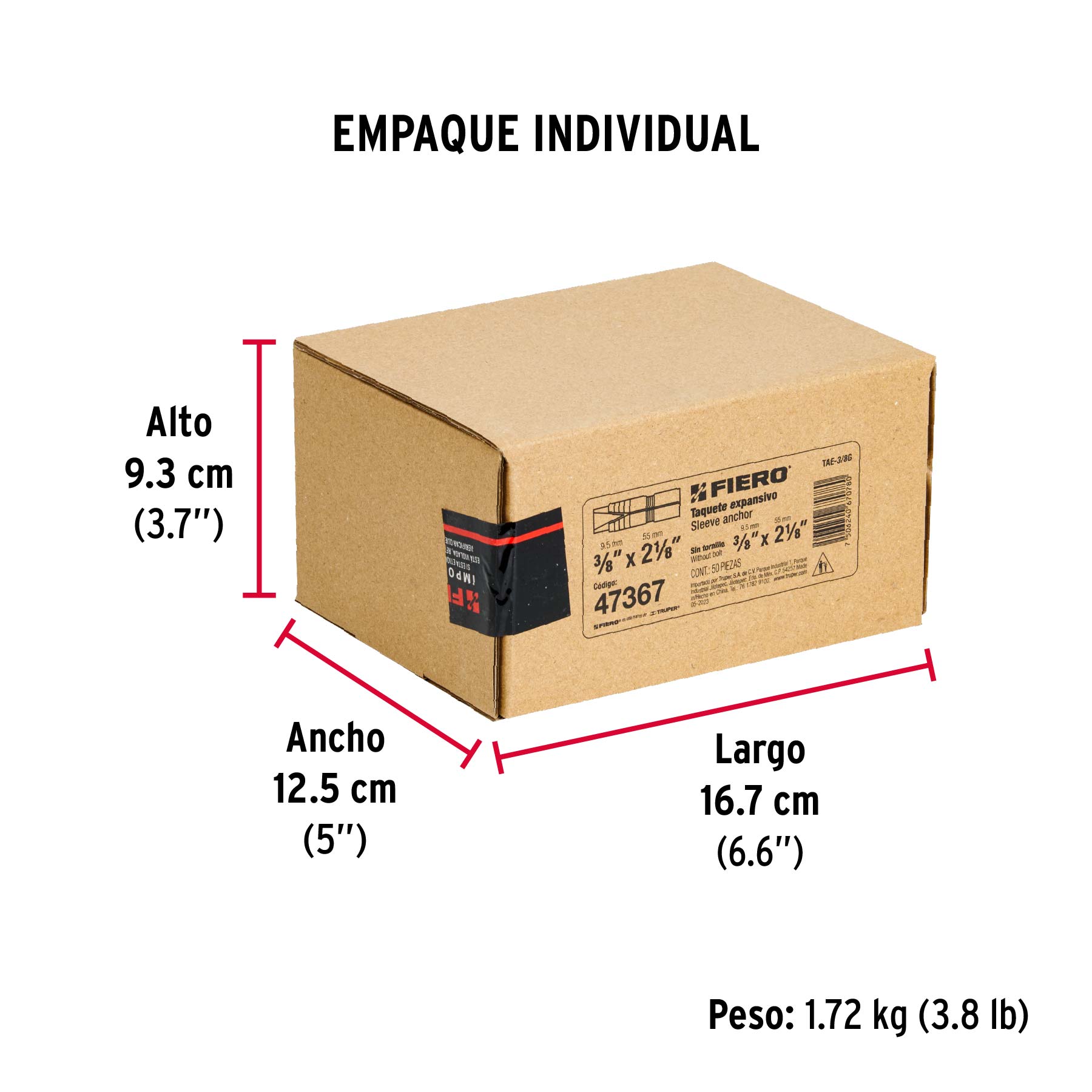 Caja con 50 taquetes expansivos de 3/8" sin tornillo, FIERO - Empaque