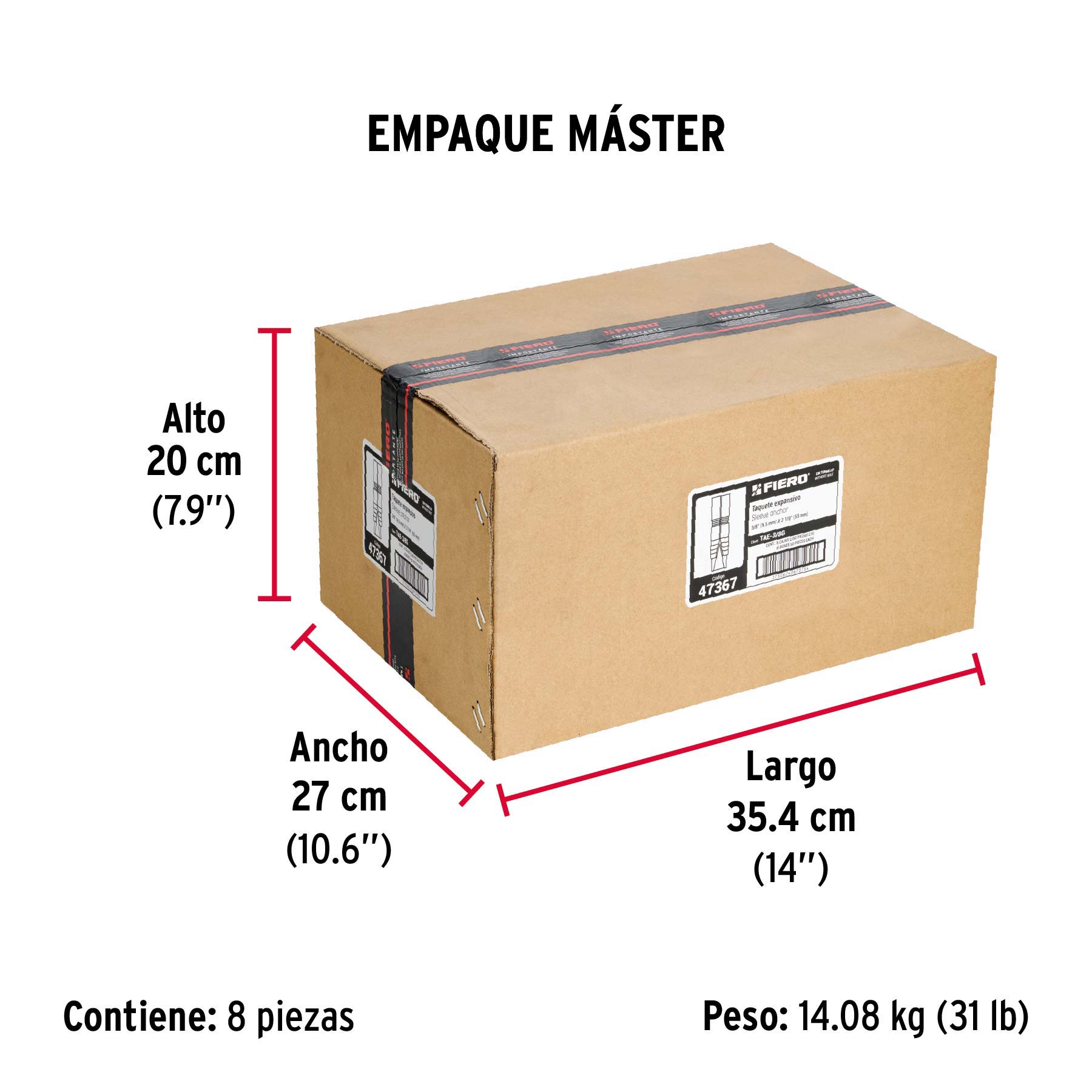 Caja con 50 taquetes expansivos de 3/8" sin tornillo, FIERO - Empaque