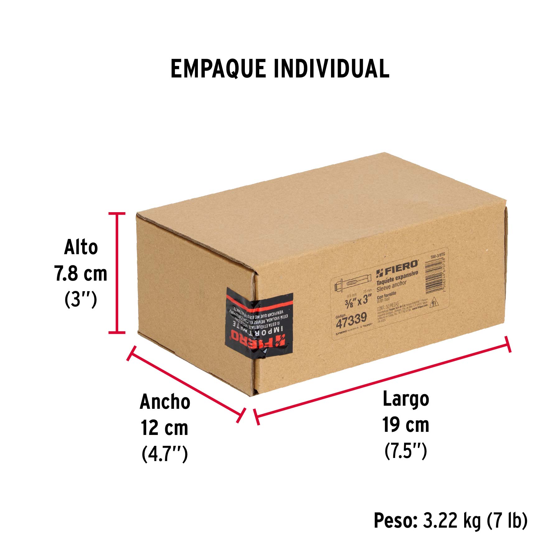 Caja con 50 taquetes expansivos de 3/8" con tornillo, FIERO - Empaque